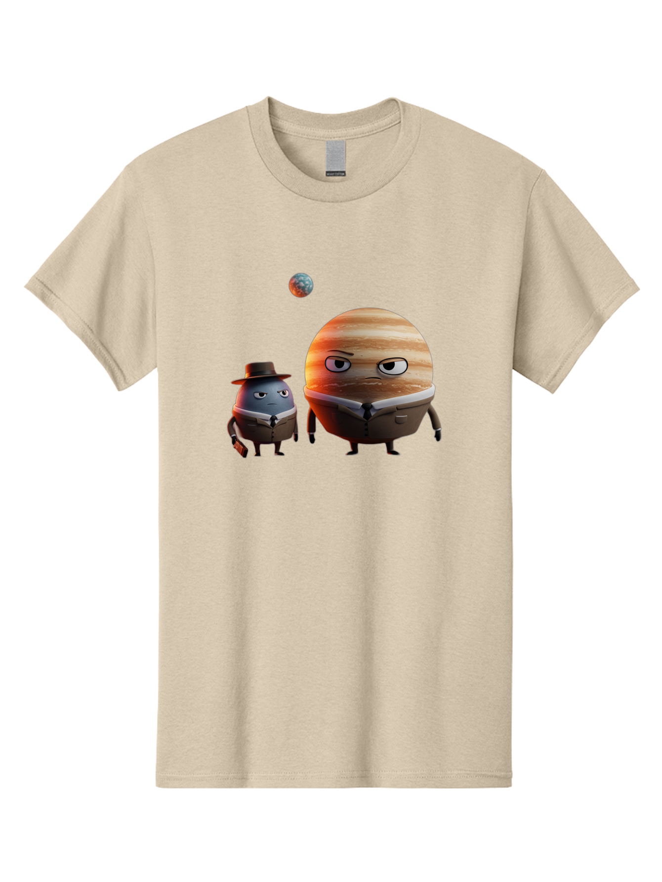 Jupiter-And-Earth Men'S Graphic Tee, 100% Cotton, Comfortable Casual Summer Wear, Machine Washable, Cartoon Planets, Jupiter And Mercury, Anthropomorphic Characters, Detective Character, Jupiter With Angry Face, Mercury With Detective Hat, Bad237