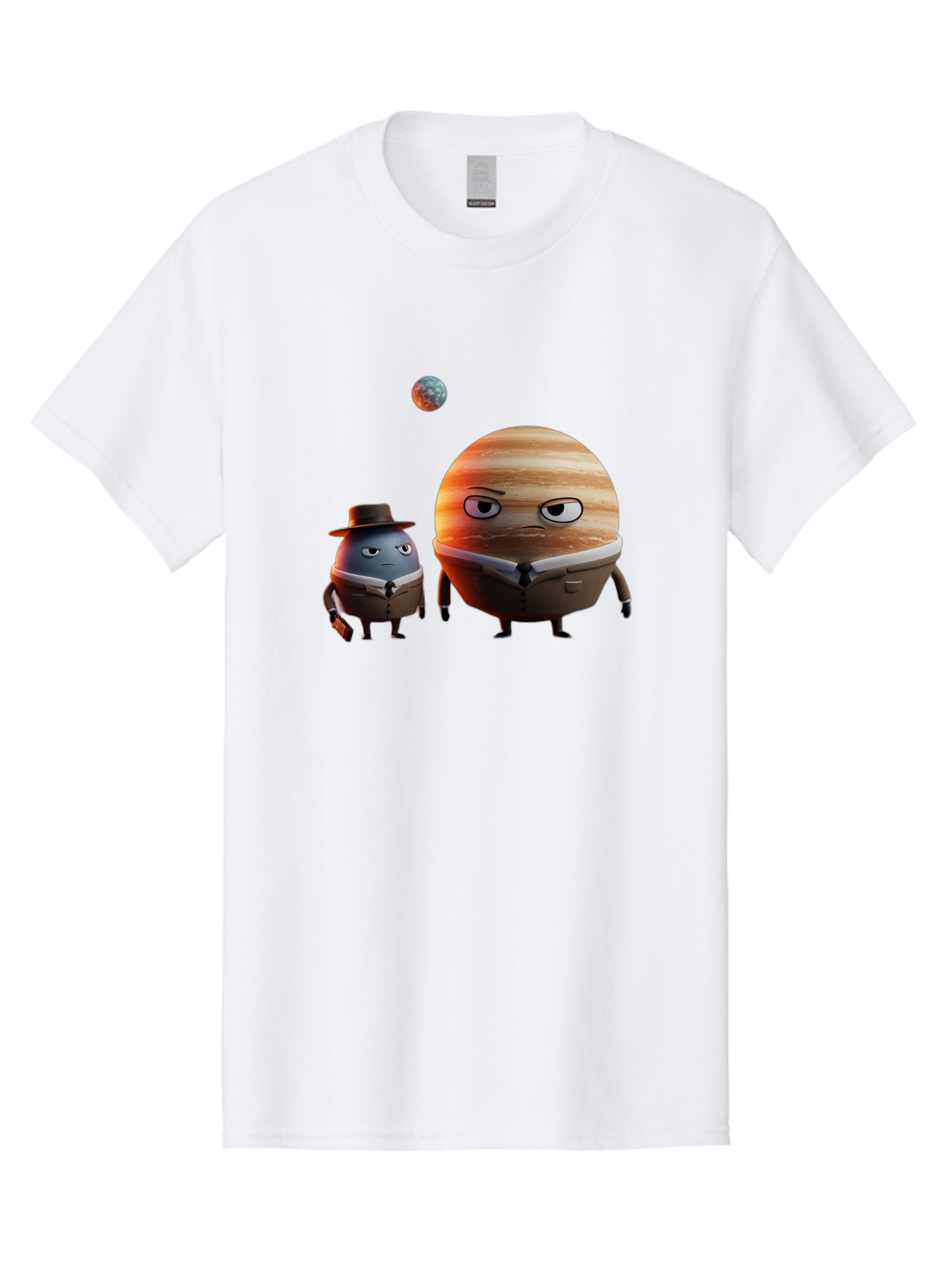 Jupiter-And-Earth Men'S Graphic Tee, 100% Cotton, Comfortable Casual Summer Wear, Machine Washable, Cartoon Planets, Jupiter And Mercury, Anthropomorphic Characters, Detective Character, Jupiter With Angry Face, Mercury With Detective Hat, Bad237