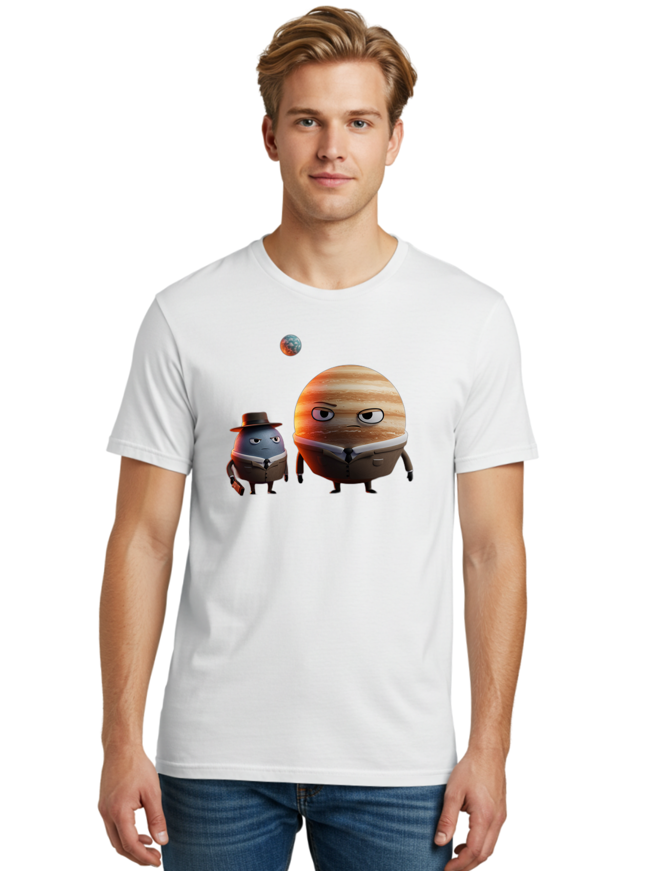 Jupiter-And-Earth Men'S Graphic Tee, 100% Cotton, Comfortable Casual Summer Wear, Machine Washable, Cartoon Planets, Jupiter And Mercury, Anthropomorphic Characters, Detective Character, Jupiter With Angry Face, Mercury With Detective Hat, Bad237
