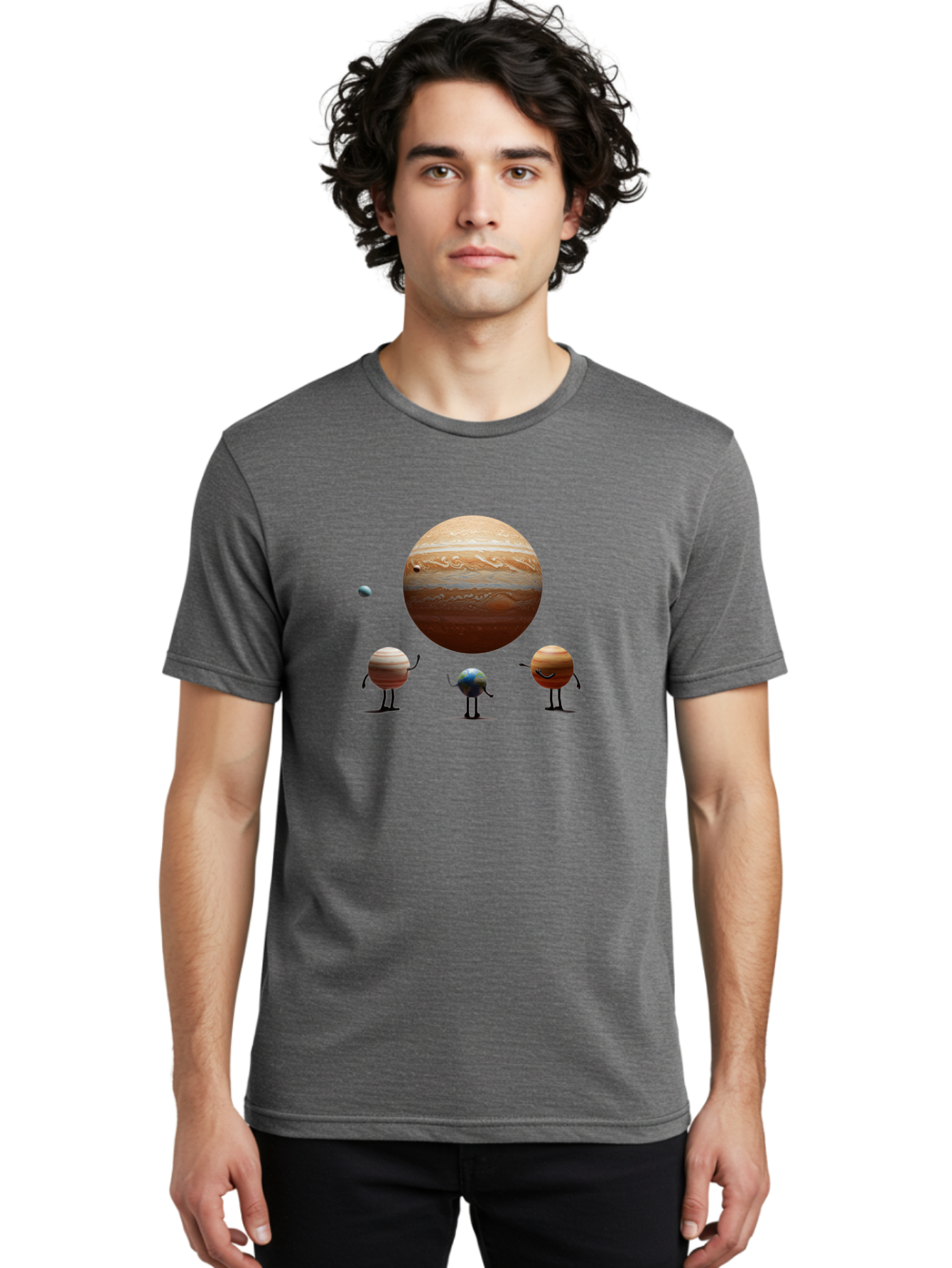Jupiter-And-Moons Men'S Graphic Tee, 100% Cotton, Comfortable Casual Summer Wear, Machine Washable, Jupiter Planet, Cartoon Moons, Solar System, Astronomy, Space Exploration, Planetary Bodies, Celestial Objects, Orbital Patterns Bad238