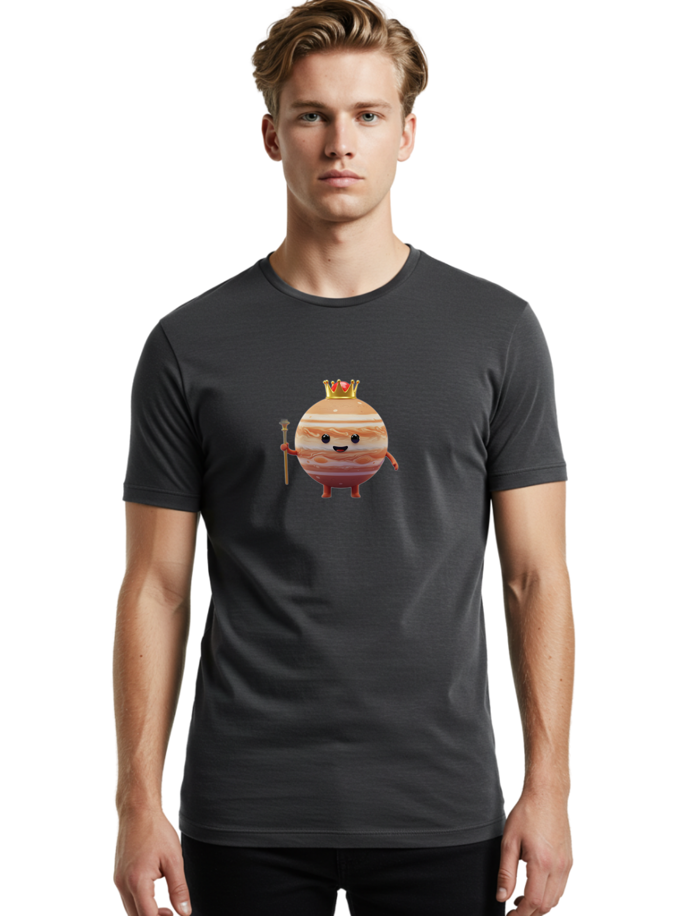 Jupiter-Mascot Men'S Graphic Tee, 100% Cotton, Comfortable Casual Summer Wear, Machine Washable, Cartoon Jupiter Planet, Anthropomorphic Planet, Jupiter Mascot, Cartoon Character, Planetary Illustration, Jupiter With Crown, Bad240