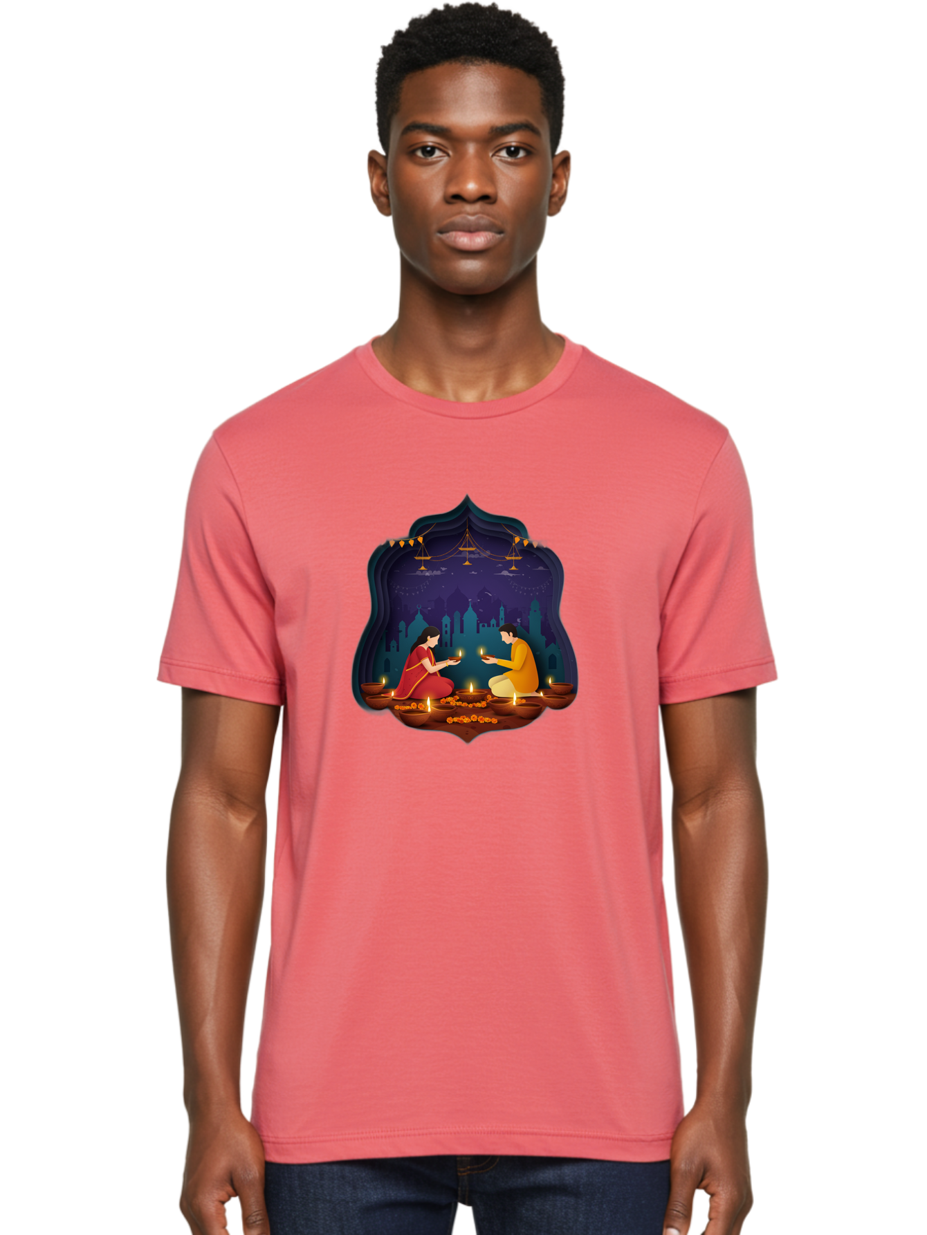 Kali-Puja Men'S Graphic Tee, 100% Cotton, Comfortable Casual Summer Wear, Machine Washable, Couple Lighting Diyas, Diwali Celebration, Festive Atmosphere, Traditional Indian Clothing, Lit Candles, Vibrant Colors, Cultural Heritage, Bad242