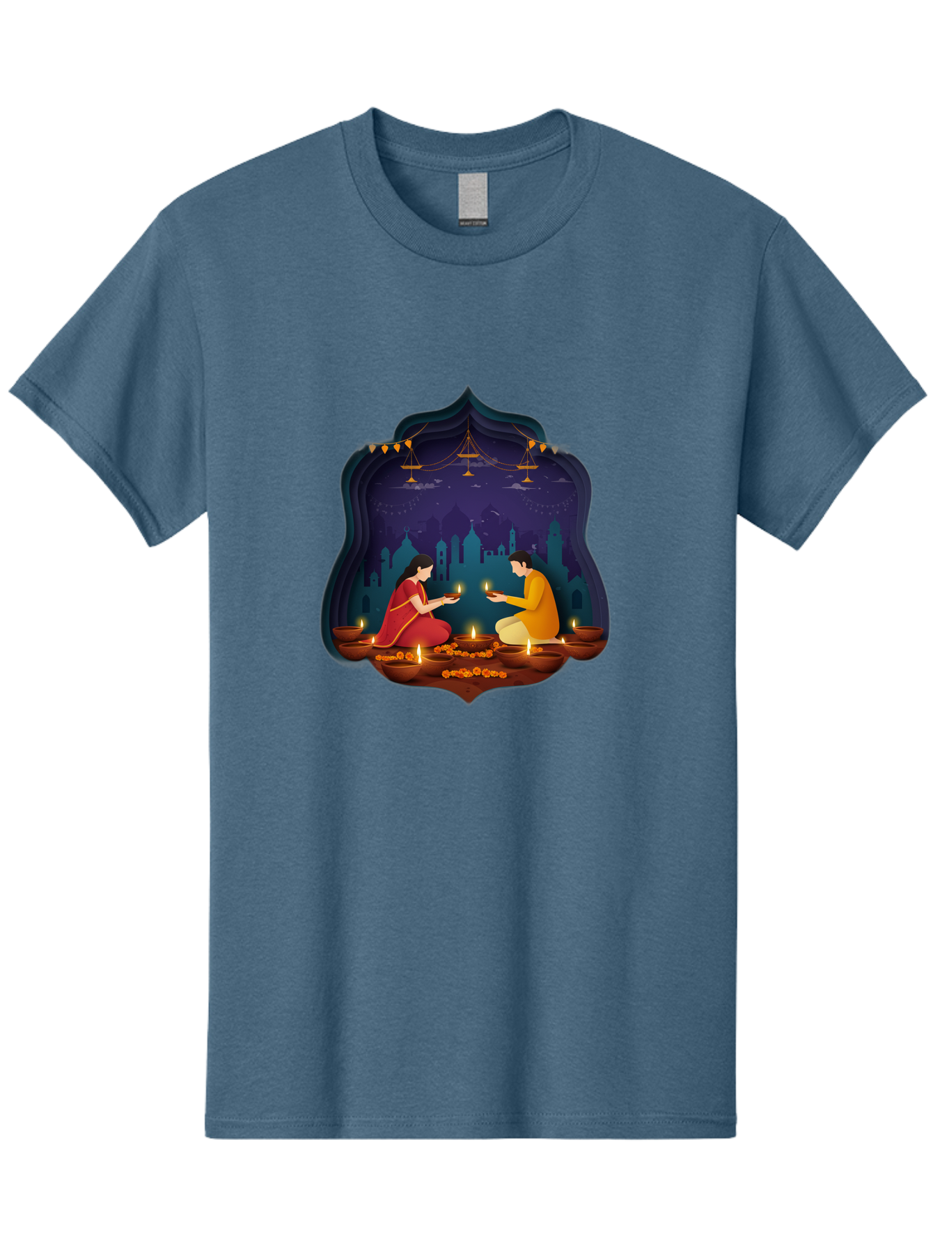 Kali-Puja Men'S Graphic Tee, 100% Cotton, Comfortable Casual Summer Wear, Machine Washable, Couple Lighting Diyas, Diwali Celebration, Festive Atmosphere, Traditional Indian Clothing, Lit Candles, Vibrant Colors, Cultural Heritage, Bad242