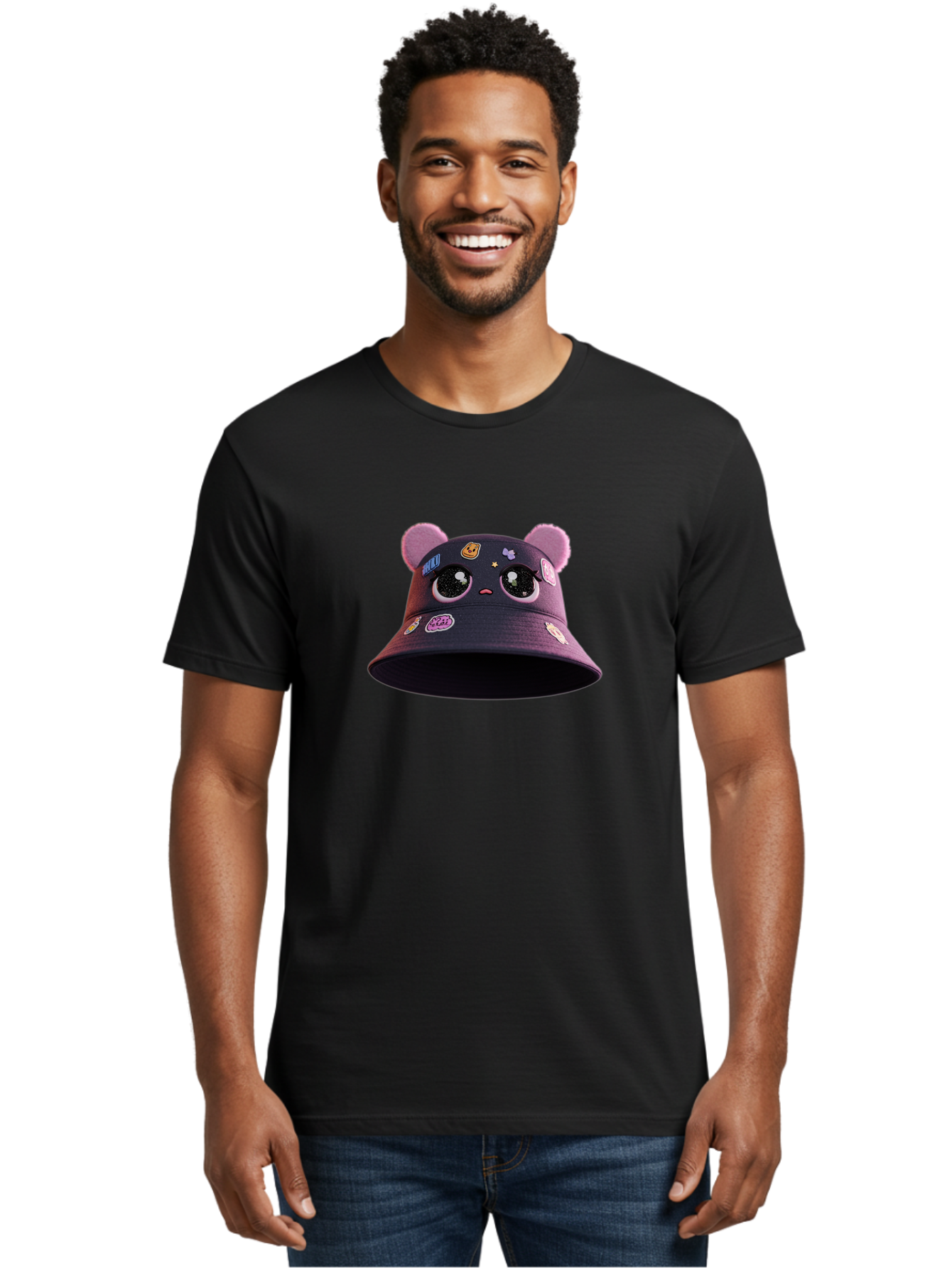 Kawaii-Bucket-Hat Men'S Graphic Tee, 100% Cotton, Comfortable Casual Summer Wear, Machine Washable, Purple Bucket Hat, Kawaii Fashion, Cute Cartoon Eyes, Colorful Stickers, Anime Style, Streetwear Accessories, Trendy Clothing Bad243