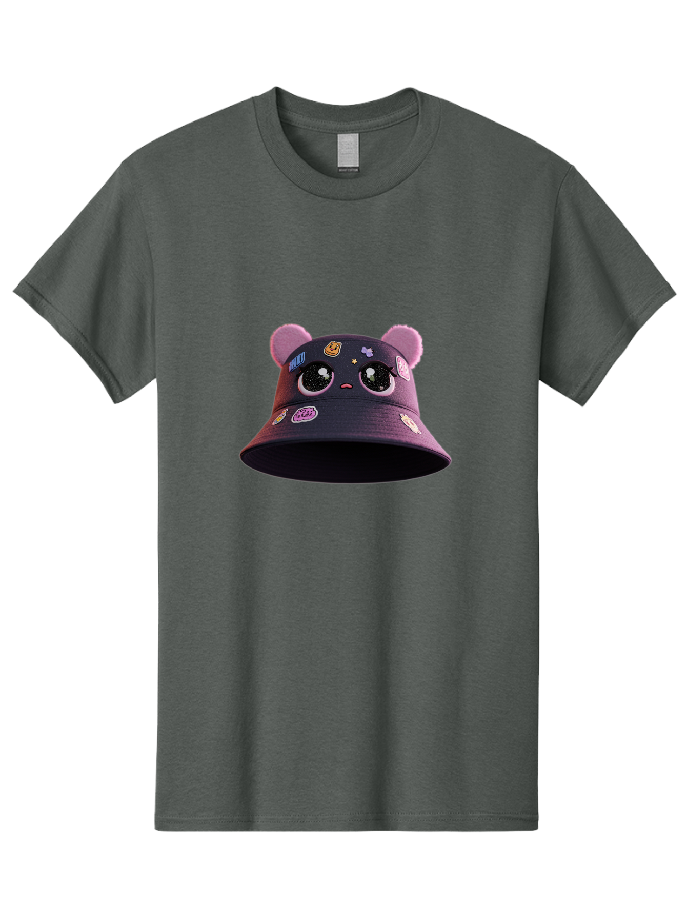 Kawaii-Bucket-Hat Men'S Graphic Tee, 100% Cotton, Comfortable Casual Summer Wear, Machine Washable, Purple Bucket Hat, Kawaii Fashion, Cute Cartoon Eyes, Colorful Stickers, Anime Style, Streetwear Accessories, Trendy Clothing Bad243