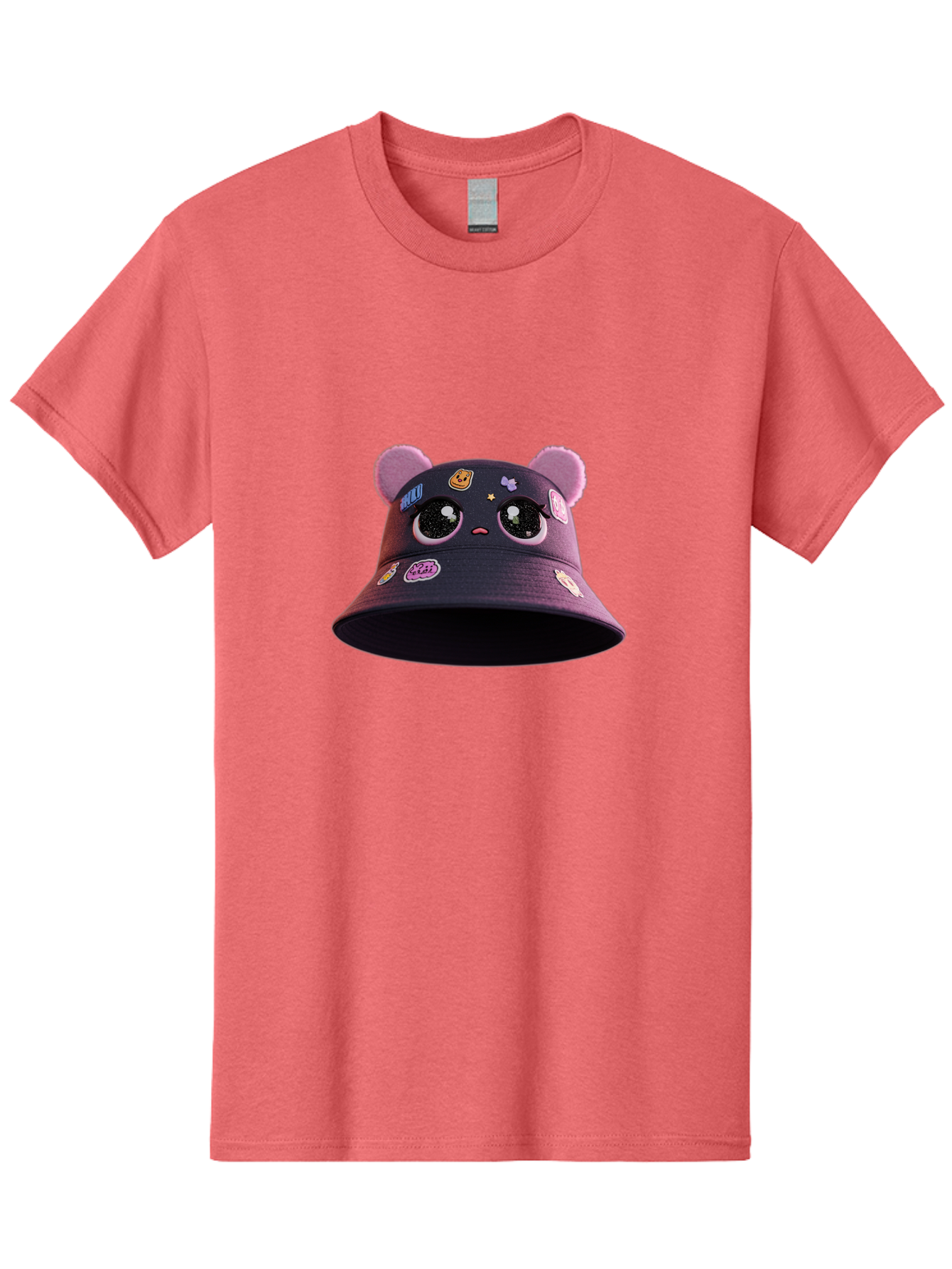Kawaii-Bucket-Hat Men'S Graphic Tee, 100% Cotton, Comfortable Casual Summer Wear, Machine Washable, Purple Bucket Hat, Kawaii Fashion, Cute Cartoon Eyes, Colorful Stickers, Anime Style, Streetwear Accessories, Trendy Clothing Bad243