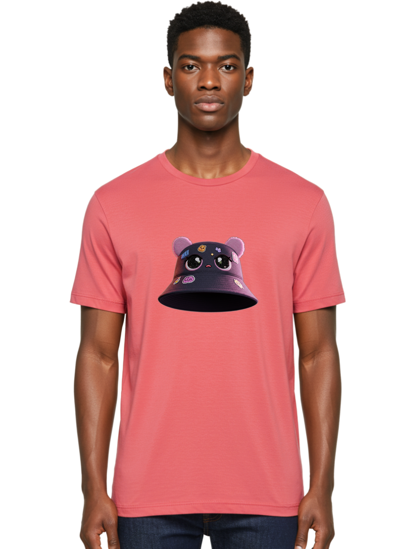 Kawaii-Bucket-Hat Men'S Graphic Tee, 100% Cotton, Comfortable Casual Summer Wear, Machine Washable, Purple Bucket Hat, Kawaii Fashion, Cute Cartoon Eyes, Colorful Stickers, Anime Style, Streetwear Accessories, Trendy Clothing Bad243