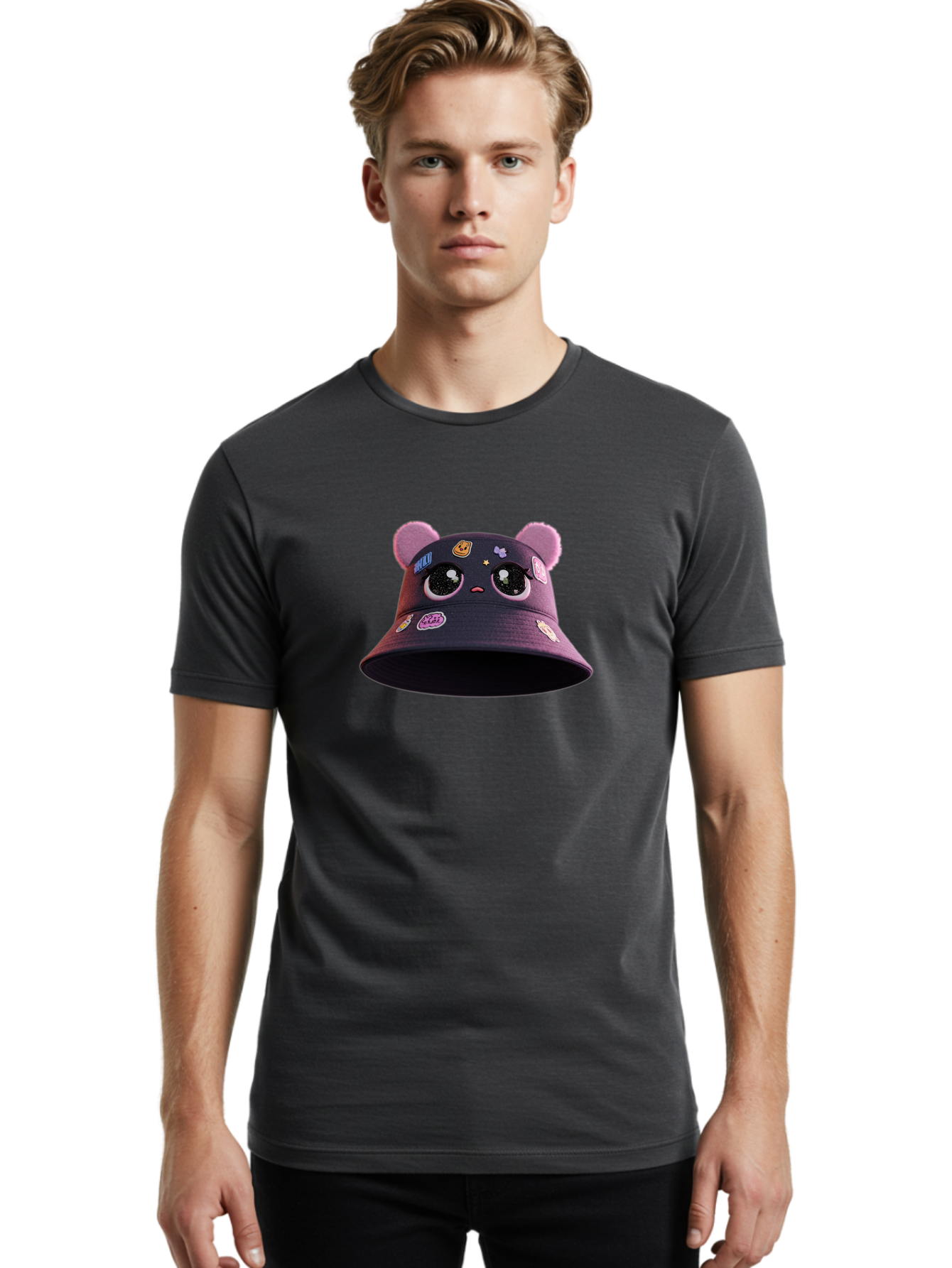 Kawaii-Bucket-Hat Men'S Graphic Tee, 100% Cotton, Comfortable Casual Summer Wear, Machine Washable, Purple Bucket Hat, Kawaii Fashion, Cute Cartoon Eyes, Colorful Stickers, Anime Style, Streetwear Accessories, Trendy Clothing Bad243