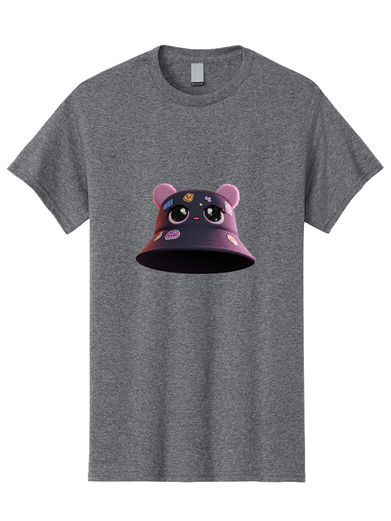 Kawaii-Bucket-Hat Men'S Graphic Tee, 100% Cotton, Comfortable Casual Summer Wear, Machine Washable, Purple Bucket Hat, Kawaii Fashion, Cute Cartoon Eyes, Colorful Stickers, Anime Style, Streetwear Accessories, Trendy Clothing Bad243