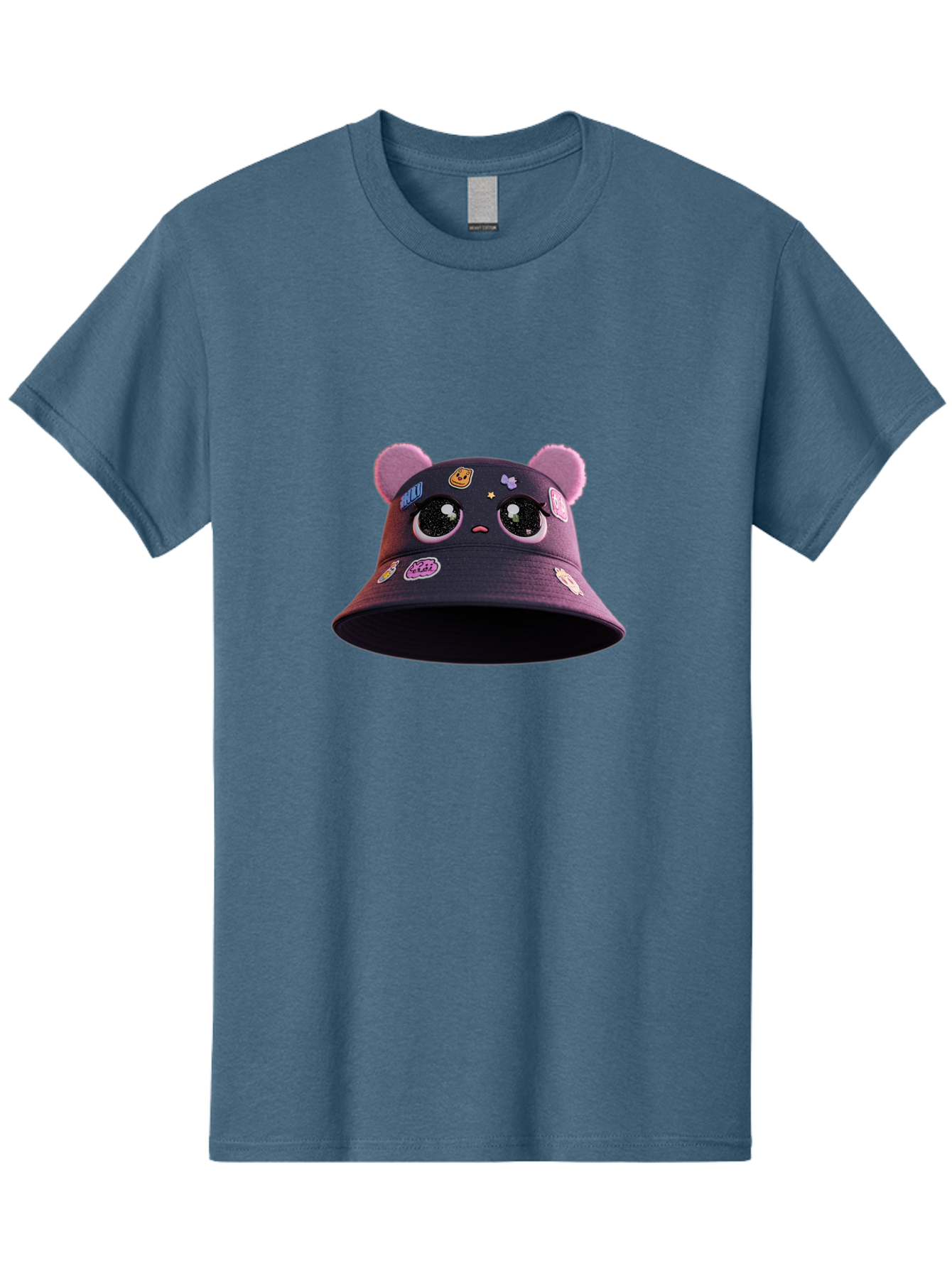 Kawaii-Bucket-Hat Men'S Graphic Tee, 100% Cotton, Comfortable Casual Summer Wear, Machine Washable, Purple Bucket Hat, Kawaii Fashion, Cute Cartoon Eyes, Colorful Stickers, Anime Style, Streetwear Accessories, Trendy Clothing Bad243