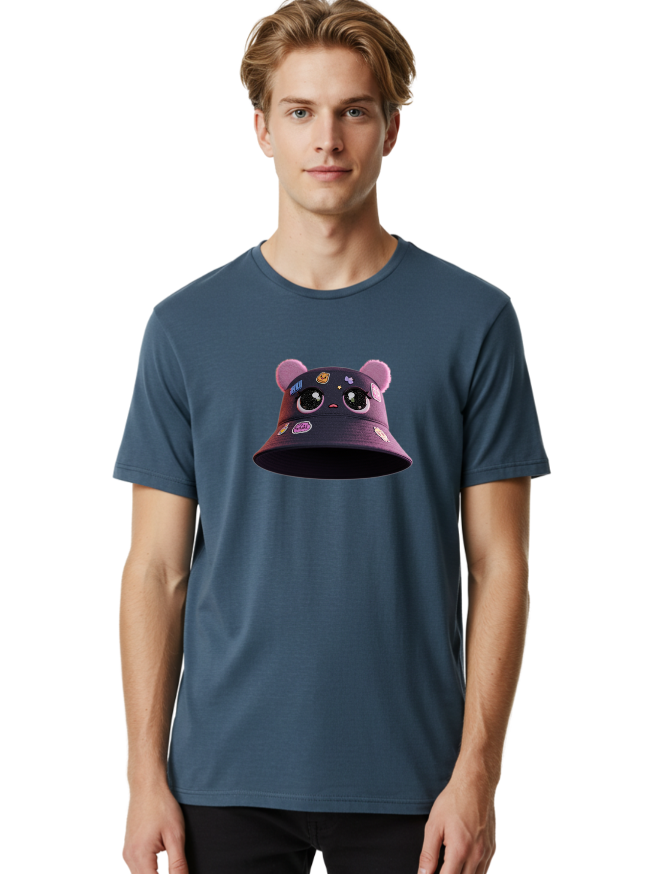 Kawaii-Bucket-Hat Men'S Graphic Tee, 100% Cotton, Comfortable Casual Summer Wear, Machine Washable, Purple Bucket Hat, Kawaii Fashion, Cute Cartoon Eyes, Colorful Stickers, Anime Style, Streetwear Accessories, Trendy Clothing Bad243
