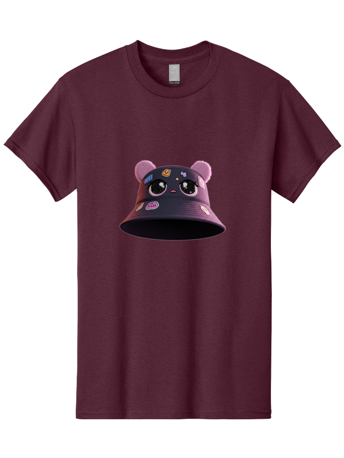 Kawaii-Bucket-Hat Men'S Graphic Tee, 100% Cotton, Comfortable Casual Summer Wear, Machine Washable, Purple Bucket Hat, Kawaii Fashion, Cute Cartoon Eyes, Colorful Stickers, Anime Style, Streetwear Accessories, Trendy Clothing Bad243