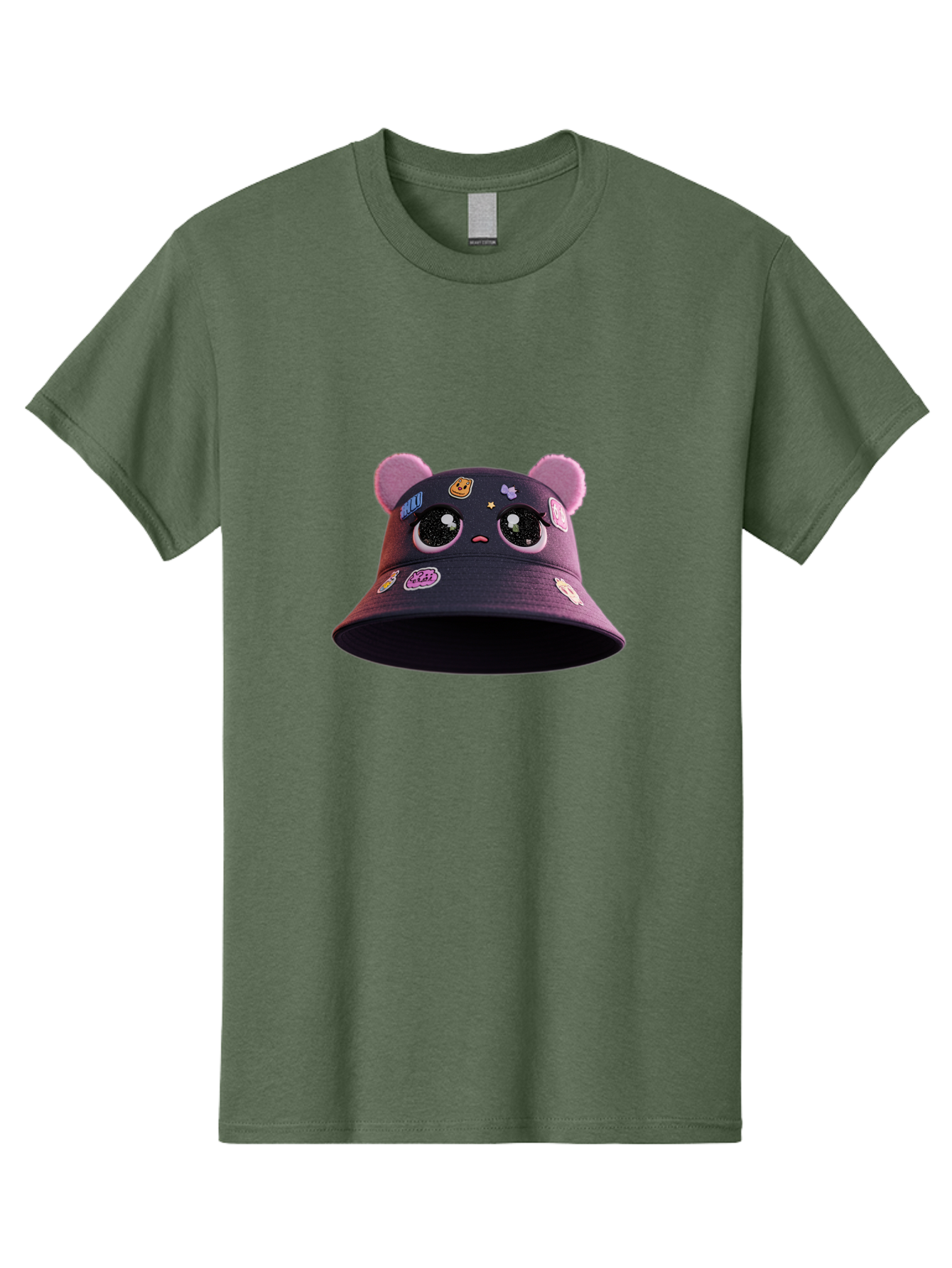 Kawaii-Bucket-Hat Men'S Graphic Tee, 100% Cotton, Comfortable Casual Summer Wear, Machine Washable, Purple Bucket Hat, Kawaii Fashion, Cute Cartoon Eyes, Colorful Stickers, Anime Style, Streetwear Accessories, Trendy Clothing Bad243
