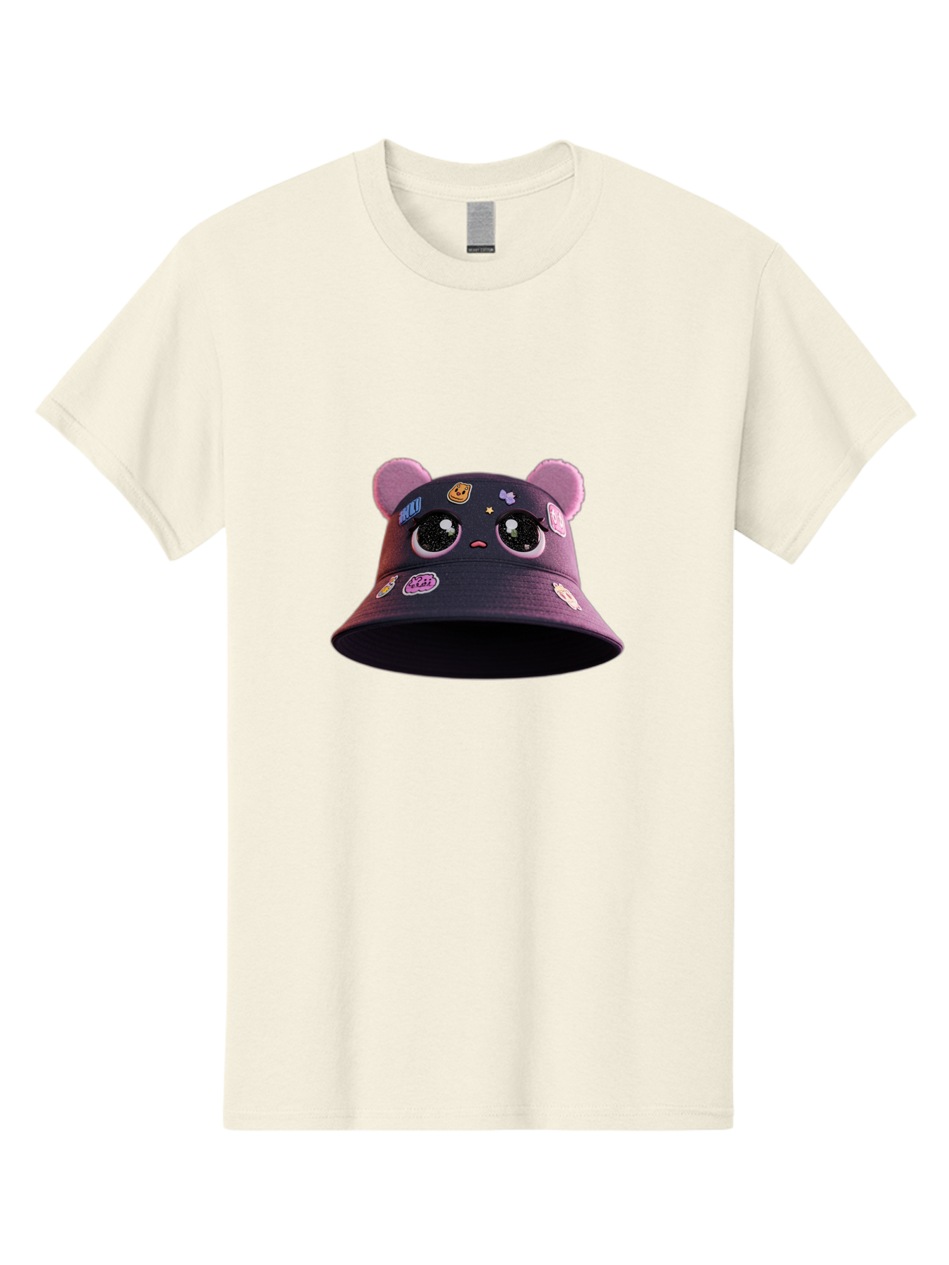 Kawaii-Bucket-Hat Men'S Graphic Tee, 100% Cotton, Comfortable Casual Summer Wear, Machine Washable, Purple Bucket Hat, Kawaii Fashion, Cute Cartoon Eyes, Colorful Stickers, Anime Style, Streetwear Accessories, Trendy Clothing Bad243
