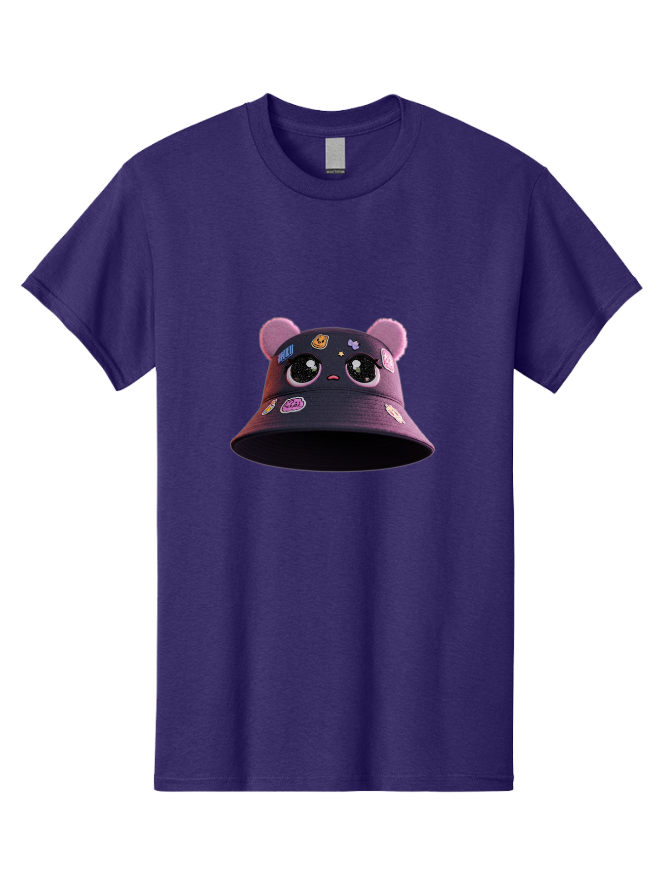 Kawaii-Bucket-Hat Men'S Graphic Tee, 100% Cotton, Comfortable Casual Summer Wear, Machine Washable, Purple Bucket Hat, Kawaii Fashion, Cute Cartoon Eyes, Colorful Stickers, Anime Style, Streetwear Accessories, Trendy Clothing Bad243