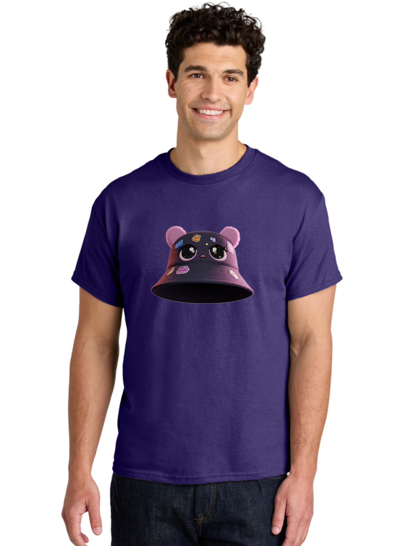 Kawaii-Bucket-Hat Men'S Graphic Tee, 100% Cotton, Comfortable Casual Summer Wear, Machine Washable, Purple Bucket Hat, Kawaii Fashion, Cute Cartoon Eyes, Colorful Stickers, Anime Style, Streetwear Accessories, Trendy Clothing Bad243