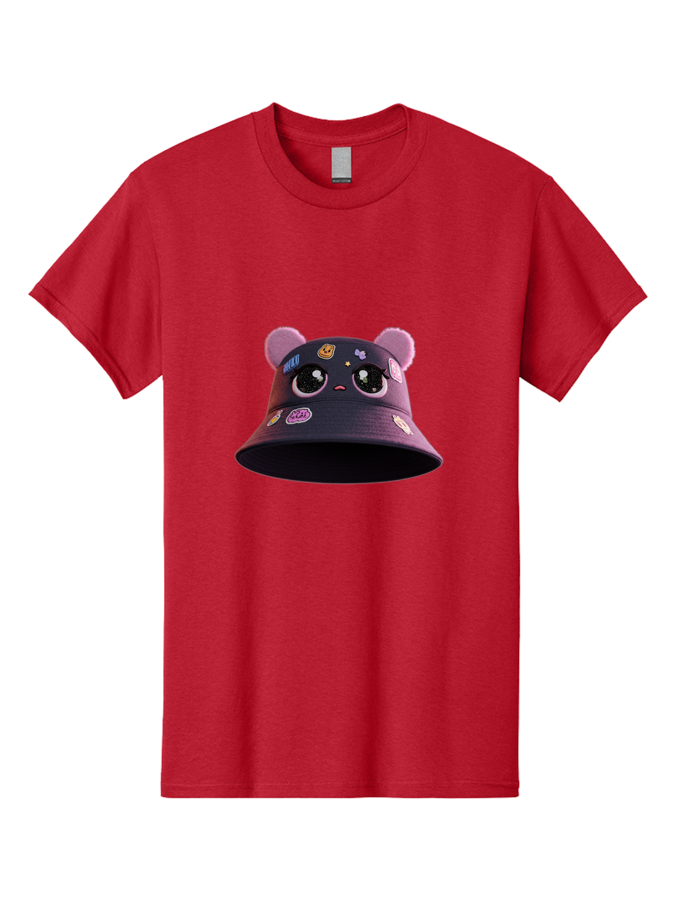 Kawaii-Bucket-Hat Men'S Graphic Tee, 100% Cotton, Comfortable Casual Summer Wear, Machine Washable, Purple Bucket Hat, Kawaii Fashion, Cute Cartoon Eyes, Colorful Stickers, Anime Style, Streetwear Accessories, Trendy Clothing Bad243