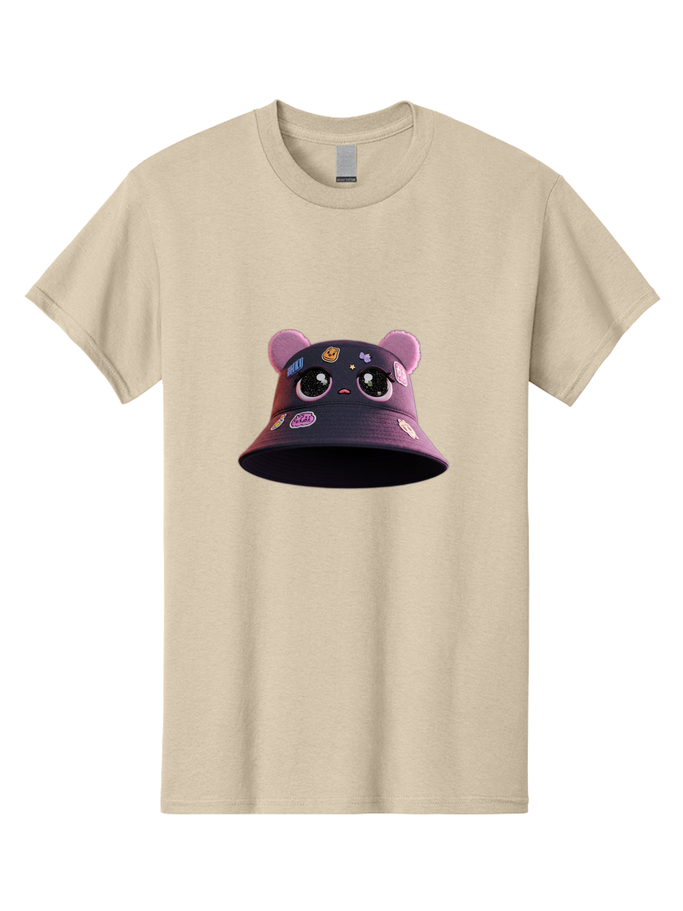 Kawaii-Bucket-Hat Men'S Graphic Tee, 100% Cotton, Comfortable Casual Summer Wear, Machine Washable, Purple Bucket Hat, Kawaii Fashion, Cute Cartoon Eyes, Colorful Stickers, Anime Style, Streetwear Accessories, Trendy Clothing Bad243