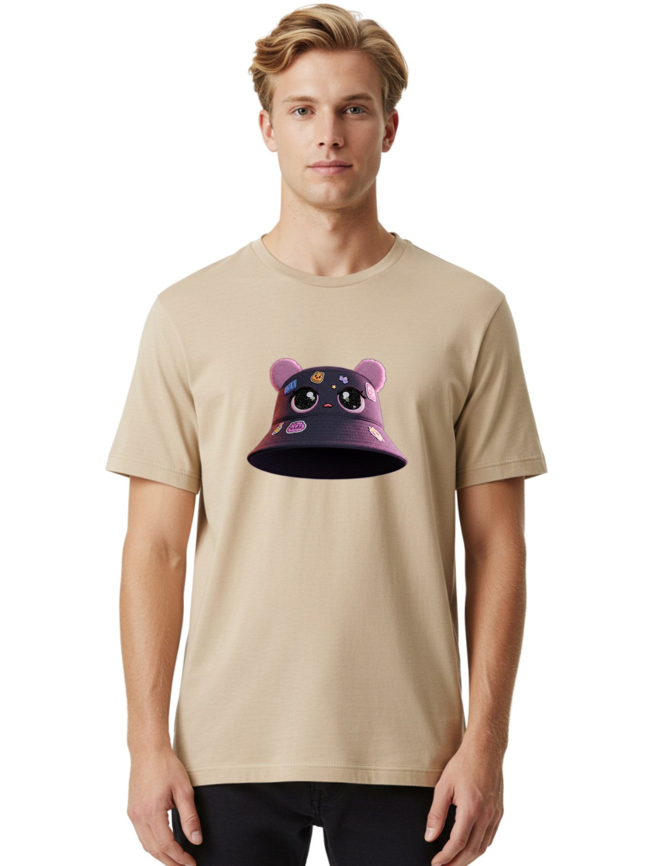 Kawaii-Bucket-Hat Men'S Graphic Tee, 100% Cotton, Comfortable Casual Summer Wear, Machine Washable, Purple Bucket Hat, Kawaii Fashion, Cute Cartoon Eyes, Colorful Stickers, Anime Style, Streetwear Accessories, Trendy Clothing Bad243