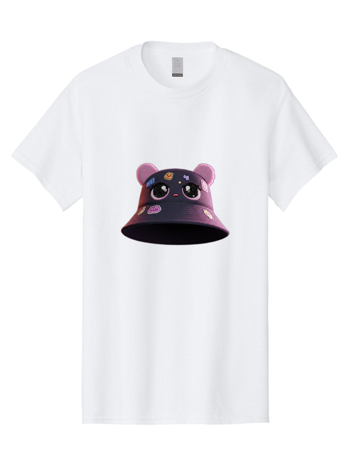 Kawaii-Bucket-Hat Men'S Graphic Tee, 100% Cotton, Comfortable Casual Summer Wear, Machine Washable, Purple Bucket Hat, Kawaii Fashion, Cute Cartoon Eyes, Colorful Stickers, Anime Style, Streetwear Accessories, Trendy Clothing Bad243