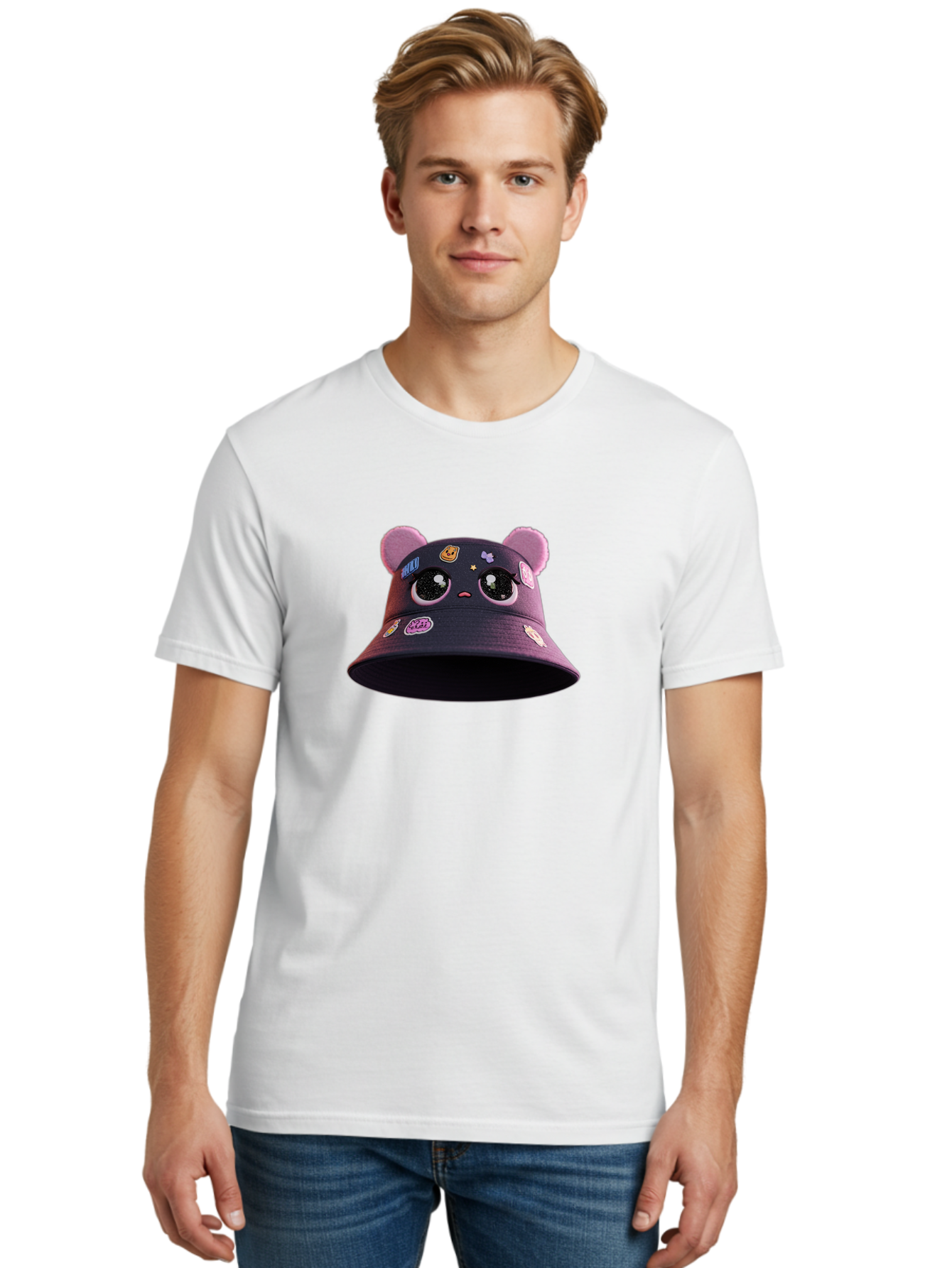 Kawaii-Bucket-Hat Men'S Graphic Tee, 100% Cotton, Comfortable Casual Summer Wear, Machine Washable, Purple Bucket Hat, Kawaii Fashion, Cute Cartoon Eyes, Colorful Stickers, Anime Style, Streetwear Accessories, Trendy Clothing Bad243