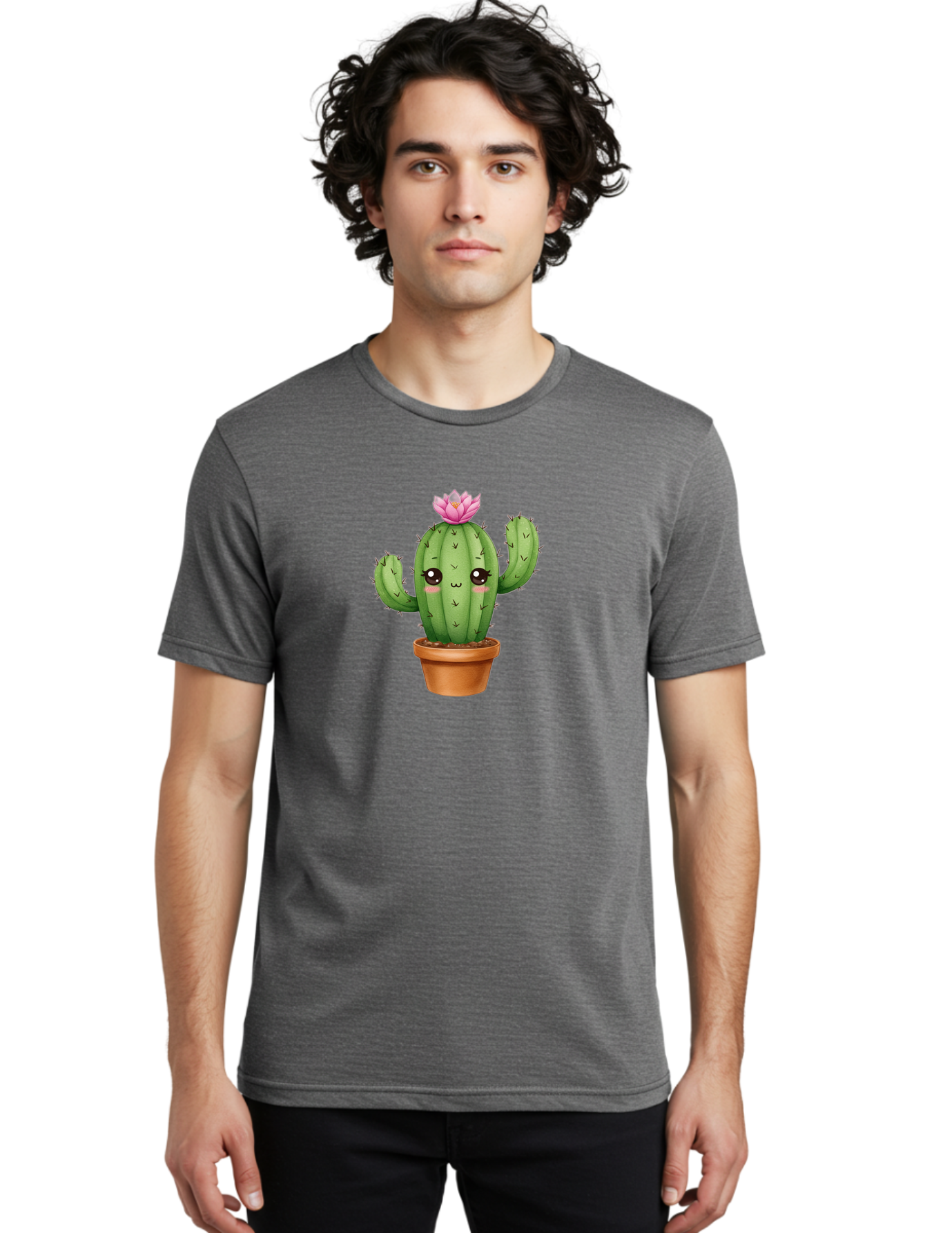 Kawaii-Cactus Men'S Graphic Tee, 100% Cotton, Comfortable Casual Summer Wear, Machine Washable, Kawaii Cactus, Potted Cactus, Cute Cartoon Cactus, Pink Flower, Succulent Plant, Floral Decoration, Adorable Character, Cartoon Illustration, Bad244