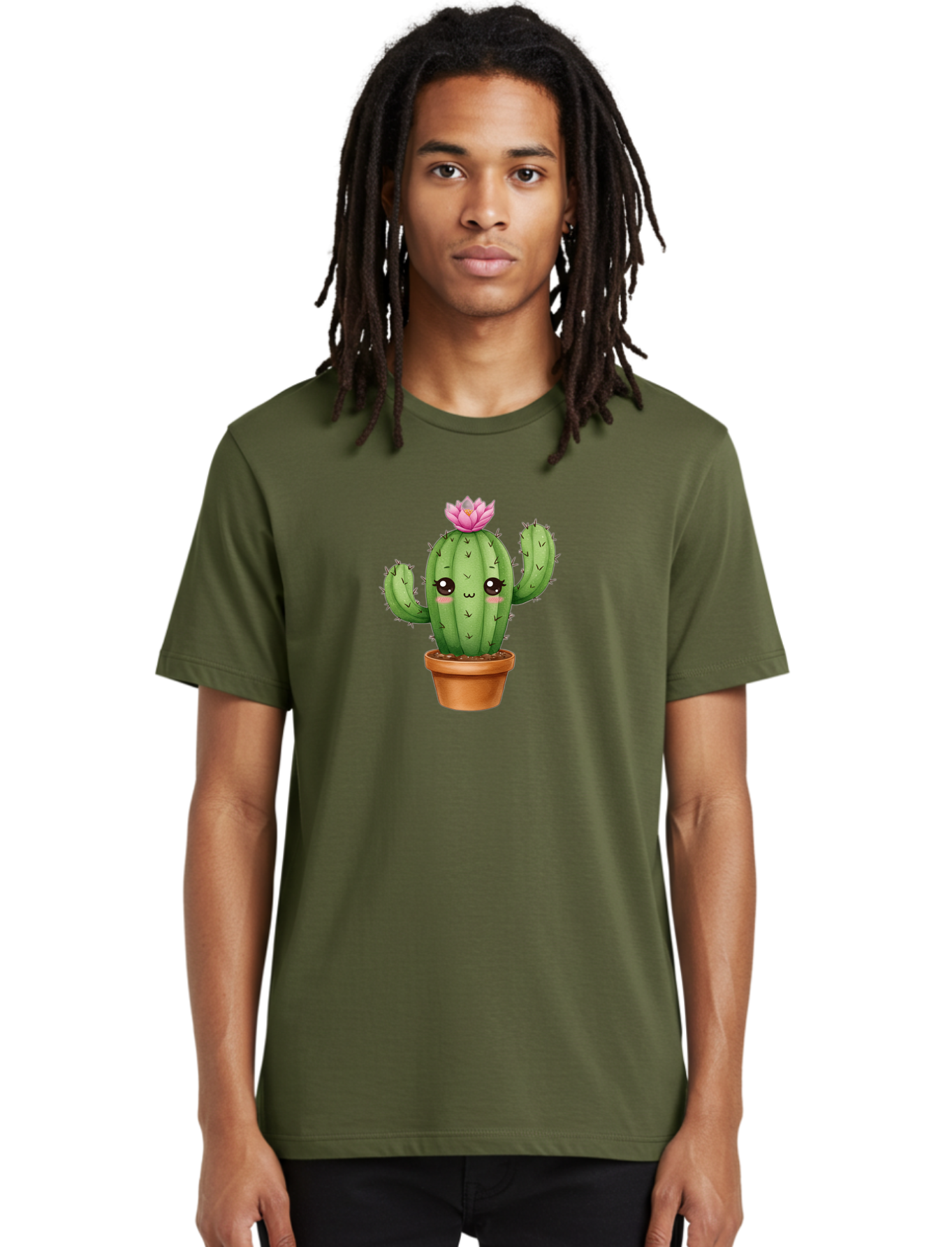 Kawaii-Cactus Men'S Graphic Tee, 100% Cotton, Comfortable Casual Summer Wear, Machine Washable, Kawaii Cactus, Potted Cactus, Cute Cartoon Cactus, Pink Flower, Succulent Plant, Floral Decoration, Adorable Character, Cartoon Illustration, Bad244