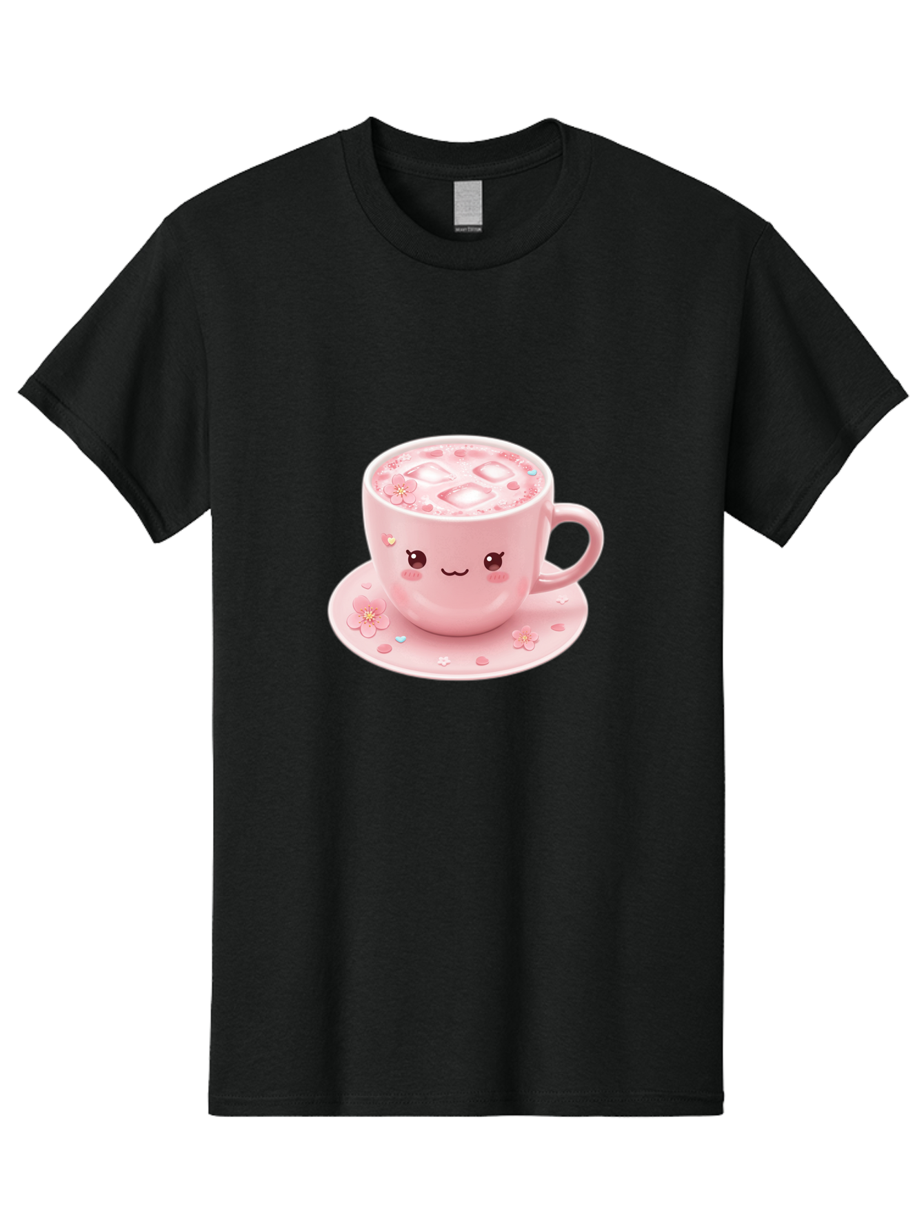 Kawaii-Coffee-Cup Men'S Graphic Tee, 100% Cotton, Comfortable Casual Summer Wear, Machine Washable, Pink Tea Cup, Cute Cartoon Face, Pink Flowers, Iced Tea, Coffee Cup, Adorable Design, Kawaii Style, Sweet Treats, Tea Time, Floral Pattern Bad245