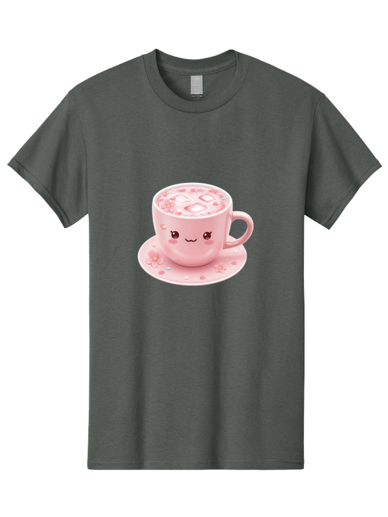 Kawaii-Coffee-Cup Men'S Graphic Tee, 100% Cotton, Comfortable Casual Summer Wear, Machine Washable, Pink Tea Cup, Cute Cartoon Face, Pink Flowers, Iced Tea, Coffee Cup, Adorable Design, Kawaii Style, Sweet Treats, Tea Time, Floral Pattern Bad245