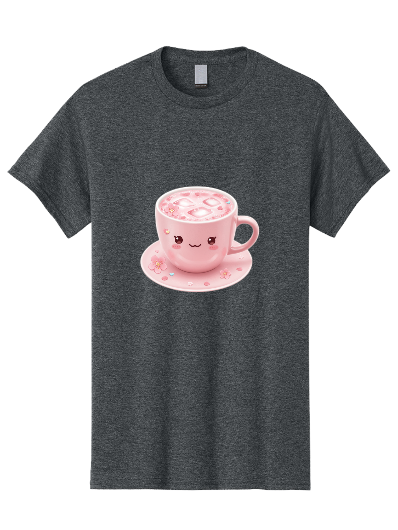 Kawaii-Coffee-Cup Men'S Graphic Tee, 100% Cotton, Comfortable Casual Summer Wear, Machine Washable, Pink Tea Cup, Cute Cartoon Face, Pink Flowers, Iced Tea, Coffee Cup, Adorable Design, Kawaii Style, Sweet Treats, Tea Time, Floral Pattern Bad245