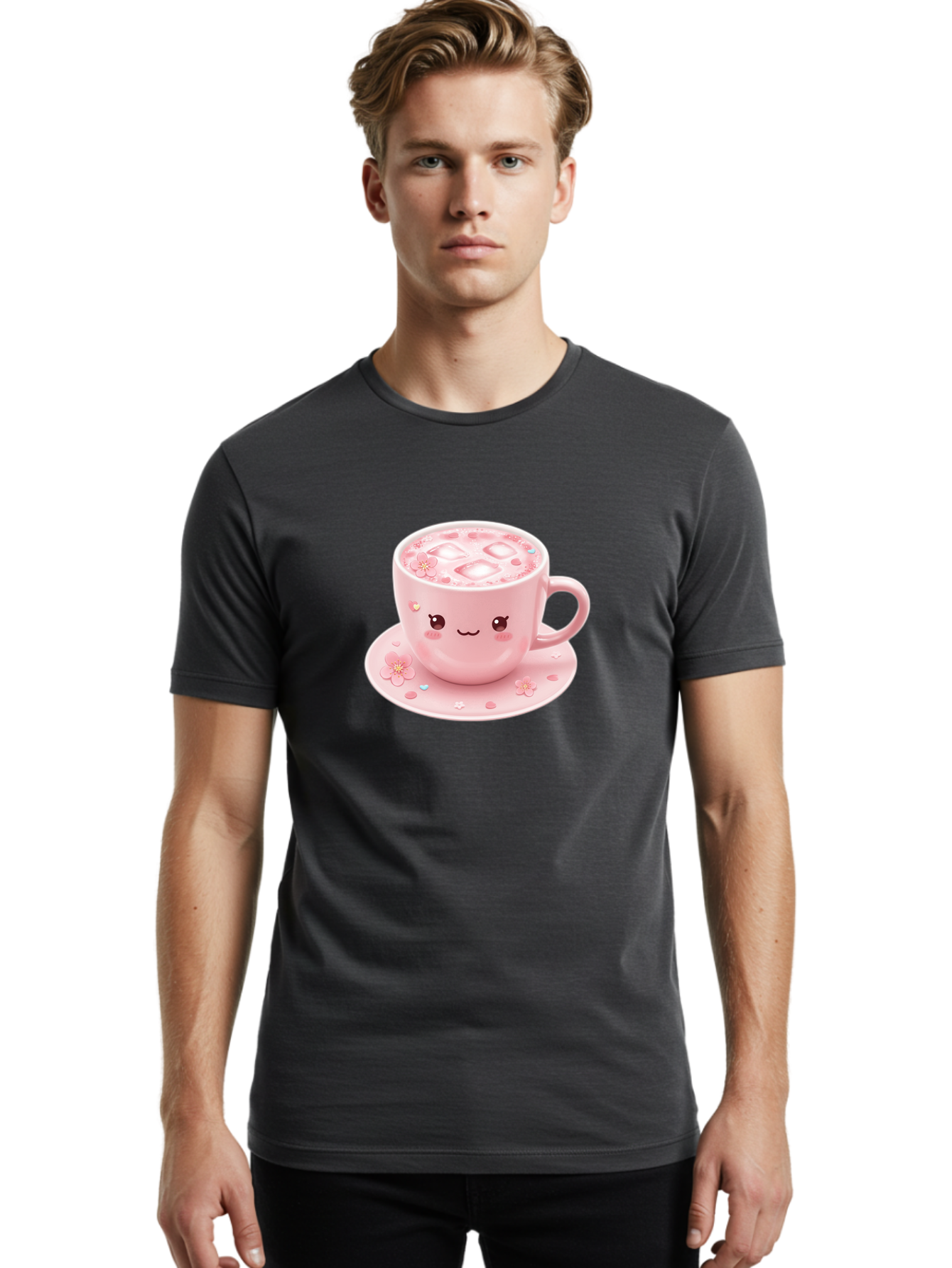 Kawaii-Coffee-Cup Men'S Graphic Tee, 100% Cotton, Comfortable Casual Summer Wear, Machine Washable, Pink Tea Cup, Cute Cartoon Face, Pink Flowers, Iced Tea, Coffee Cup, Adorable Design, Kawaii Style, Sweet Treats, Tea Time, Floral Pattern Bad245
