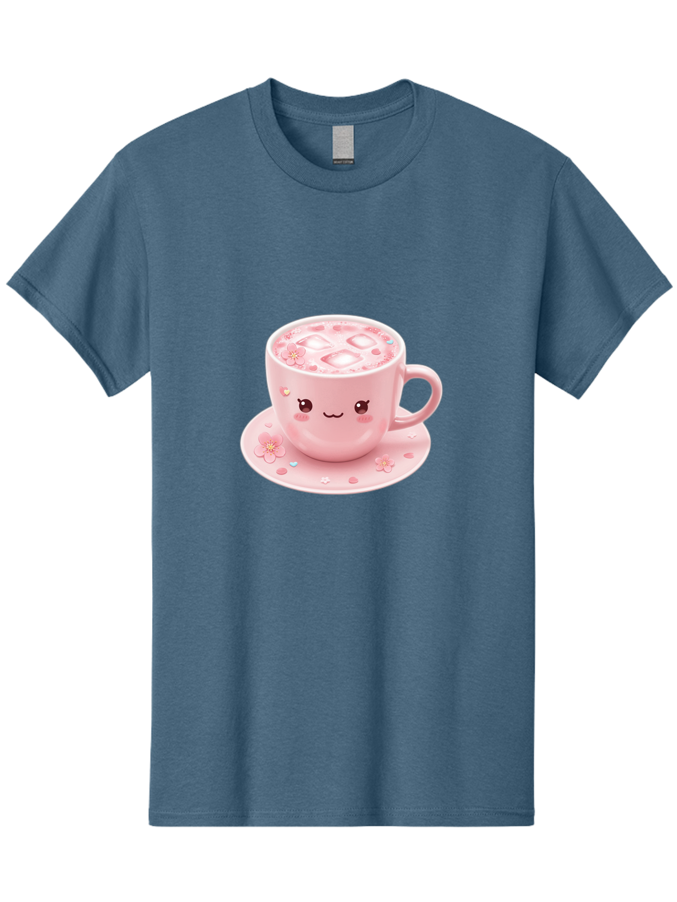 Kawaii-Coffee-Cup Men'S Graphic Tee, 100% Cotton, Comfortable Casual Summer Wear, Machine Washable, Pink Tea Cup, Cute Cartoon Face, Pink Flowers, Iced Tea, Coffee Cup, Adorable Design, Kawaii Style, Sweet Treats, Tea Time, Floral Pattern Bad245