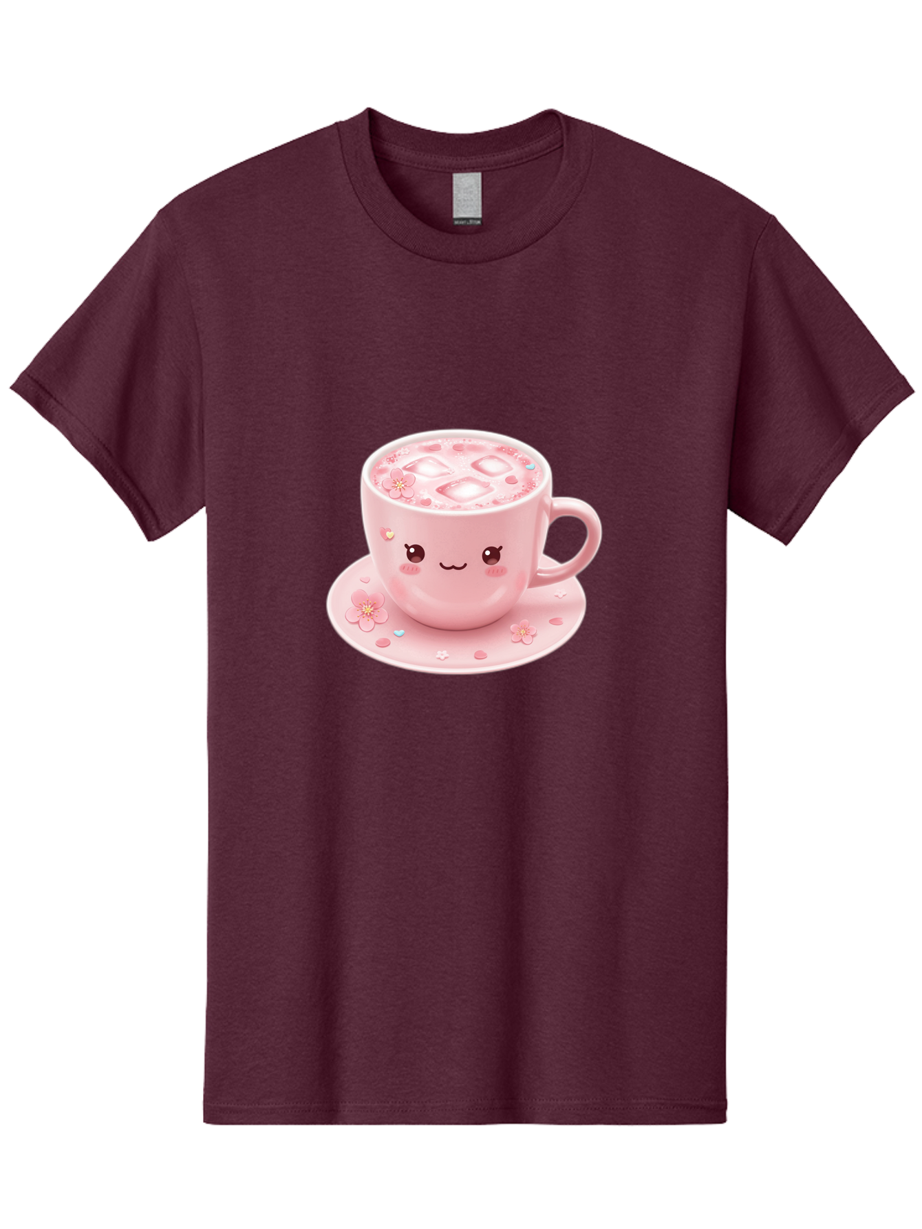 Kawaii-Coffee-Cup Men'S Graphic Tee, 100% Cotton, Comfortable Casual Summer Wear, Machine Washable, Pink Tea Cup, Cute Cartoon Face, Pink Flowers, Iced Tea, Coffee Cup, Adorable Design, Kawaii Style, Sweet Treats, Tea Time, Floral Pattern Bad245