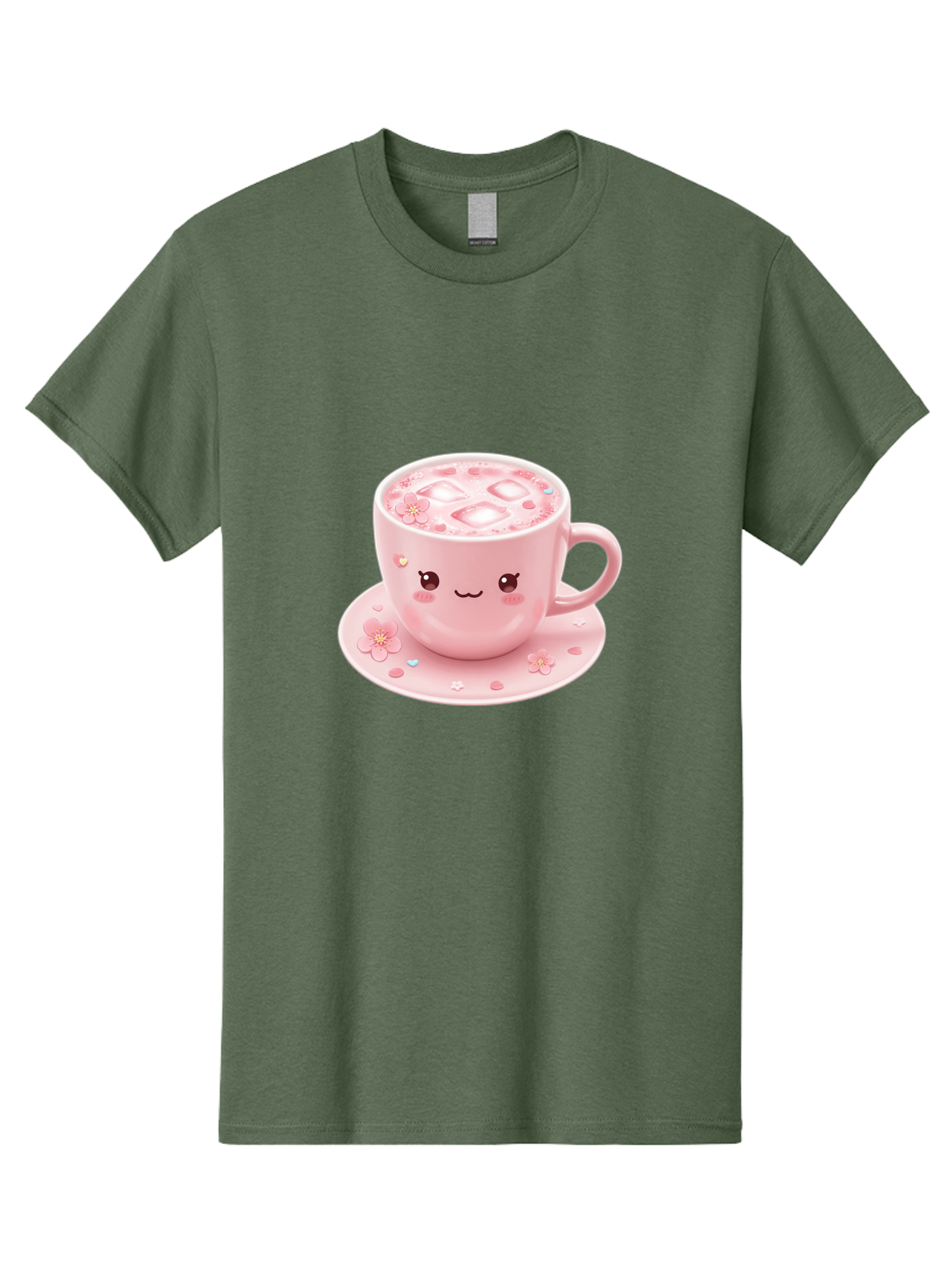 Kawaii-Coffee-Cup Men'S Graphic Tee, 100% Cotton, Comfortable Casual Summer Wear, Machine Washable, Pink Tea Cup, Cute Cartoon Face, Pink Flowers, Iced Tea, Coffee Cup, Adorable Design, Kawaii Style, Sweet Treats, Tea Time, Floral Pattern Bad245