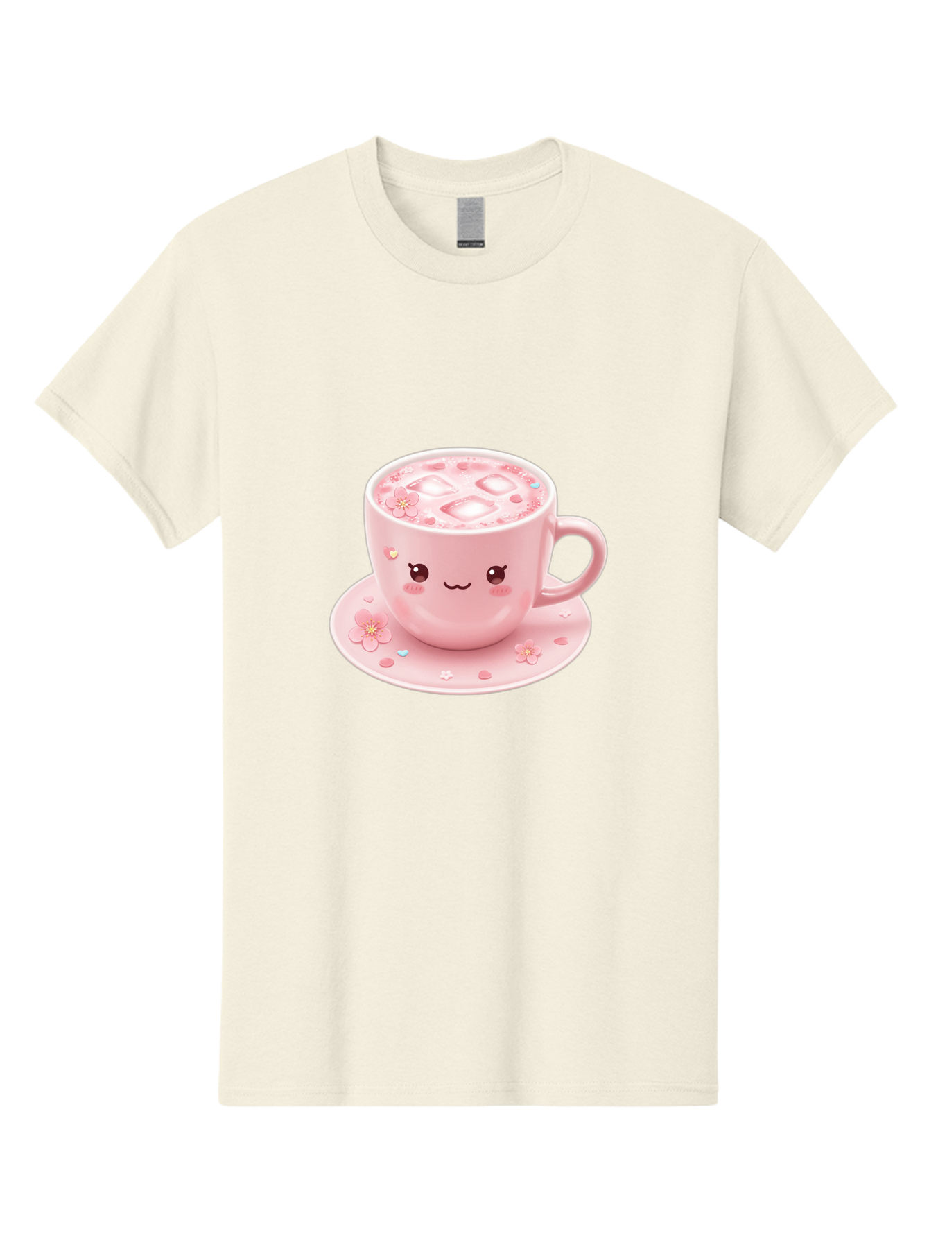 Kawaii-Coffee-Cup Men'S Graphic Tee, 100% Cotton, Comfortable Casual Summer Wear, Machine Washable, Pink Tea Cup, Cute Cartoon Face, Pink Flowers, Iced Tea, Coffee Cup, Adorable Design, Kawaii Style, Sweet Treats, Tea Time, Floral Pattern Bad245