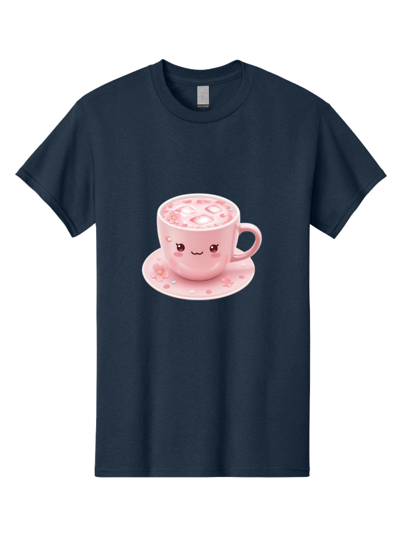 Kawaii-Coffee-Cup Men'S Graphic Tee, 100% Cotton, Comfortable Casual Summer Wear, Machine Washable, Pink Tea Cup, Cute Cartoon Face, Pink Flowers, Iced Tea, Coffee Cup, Adorable Design, Kawaii Style, Sweet Treats, Tea Time, Floral Pattern Bad245
