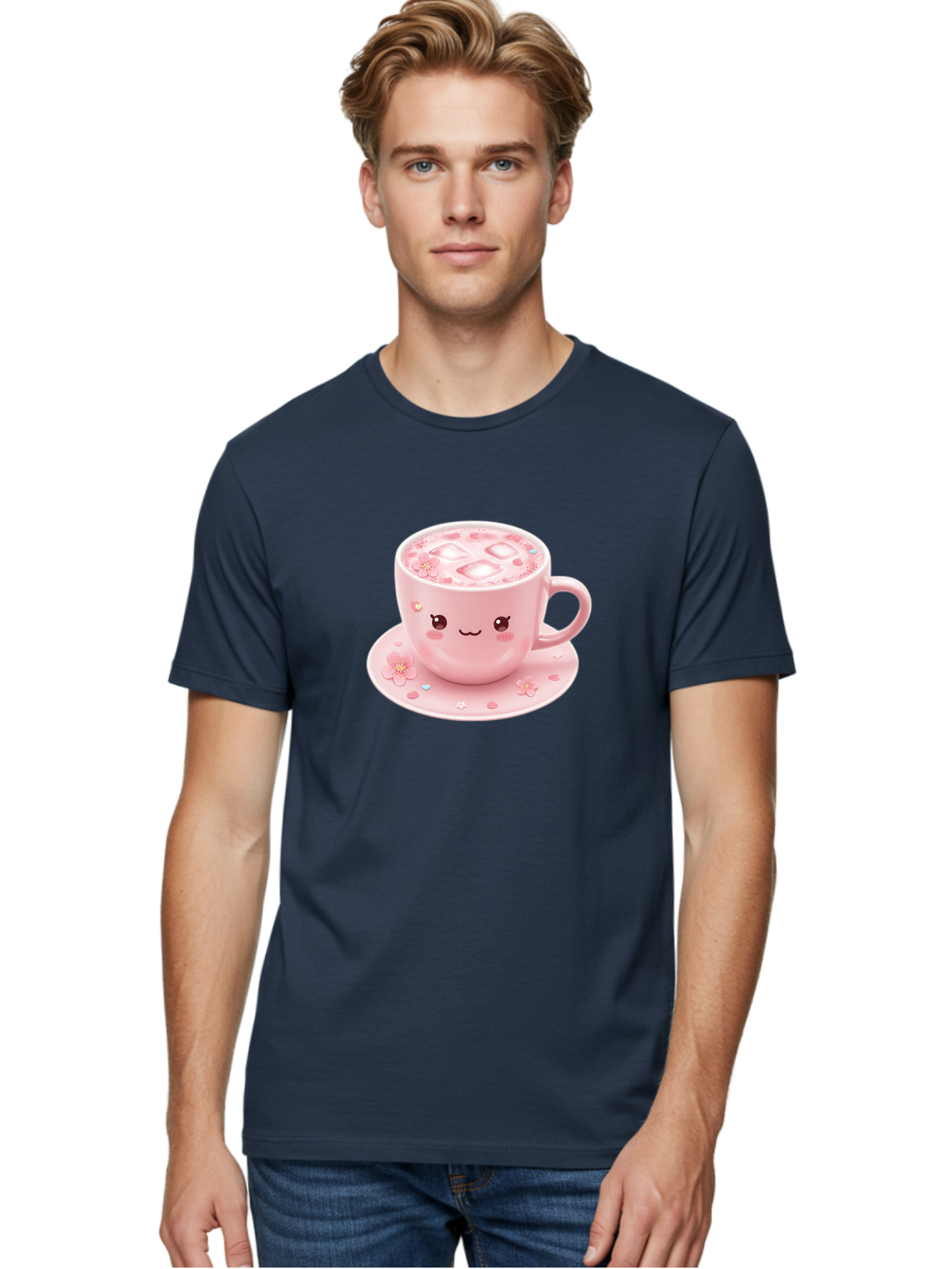 Kawaii-Coffee-Cup Men'S Graphic Tee, 100% Cotton, Comfortable Casual Summer Wear, Machine Washable, Pink Tea Cup, Cute Cartoon Face, Pink Flowers, Iced Tea, Coffee Cup, Adorable Design, Kawaii Style, Sweet Treats, Tea Time, Floral Pattern Bad245