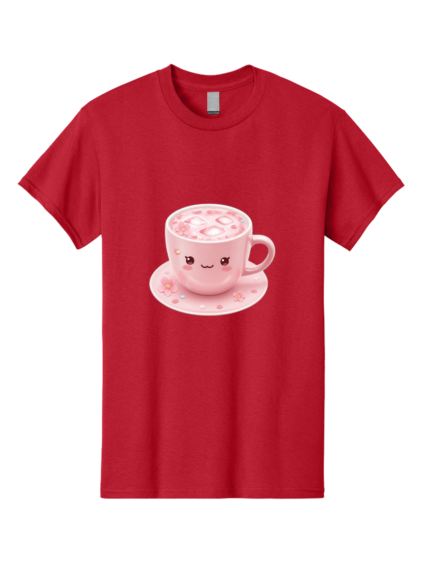 Kawaii-Coffee-Cup Men'S Graphic Tee, 100% Cotton, Comfortable Casual Summer Wear, Machine Washable, Pink Tea Cup, Cute Cartoon Face, Pink Flowers, Iced Tea, Coffee Cup, Adorable Design, Kawaii Style, Sweet Treats, Tea Time, Floral Pattern Bad245