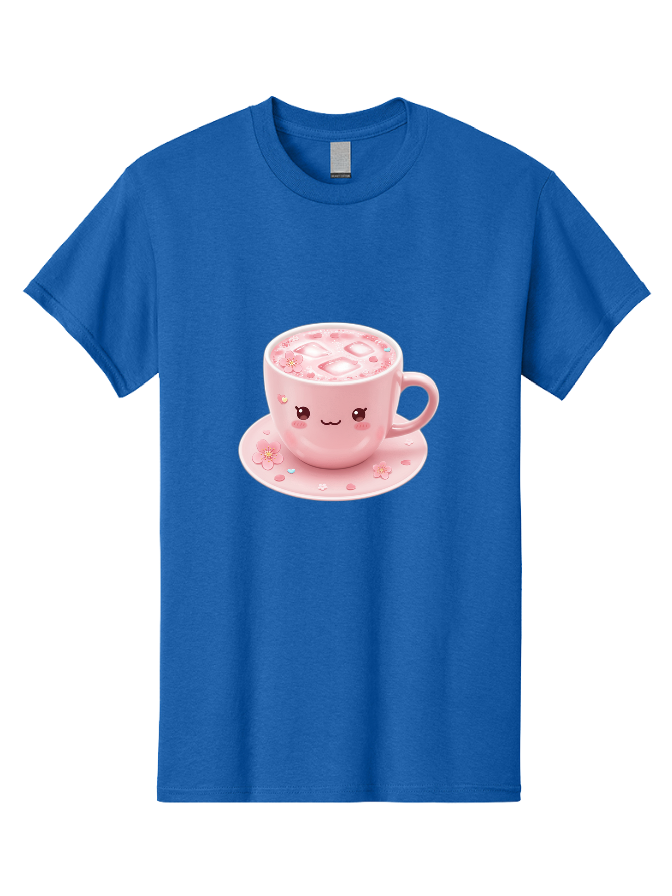 Kawaii-Coffee-Cup Men'S Graphic Tee, 100% Cotton, Comfortable Casual Summer Wear, Machine Washable, Pink Tea Cup, Cute Cartoon Face, Pink Flowers, Iced Tea, Coffee Cup, Adorable Design, Kawaii Style, Sweet Treats, Tea Time, Floral Pattern Bad245