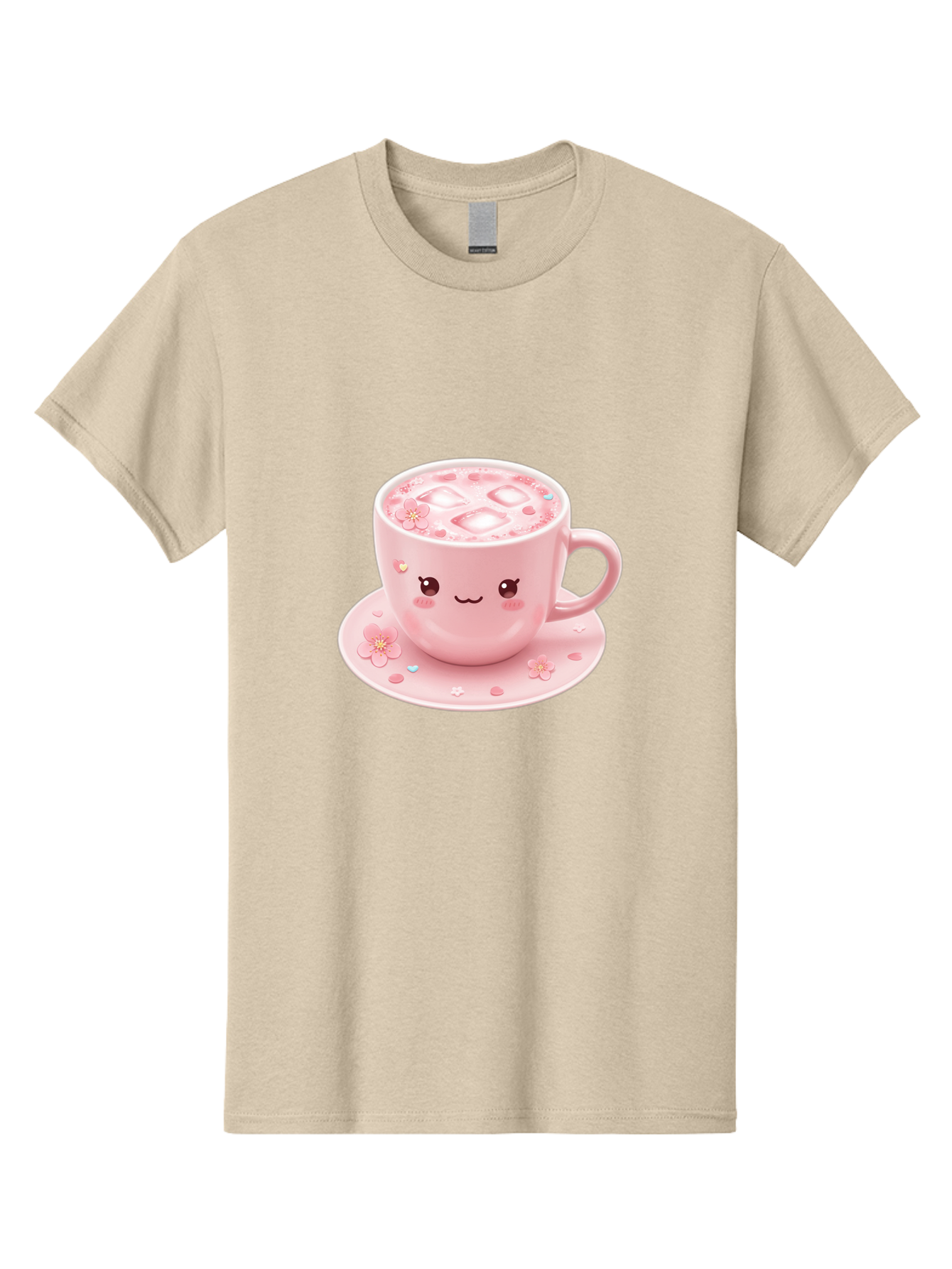 Kawaii-Coffee-Cup Men'S Graphic Tee, 100% Cotton, Comfortable Casual Summer Wear, Machine Washable, Pink Tea Cup, Cute Cartoon Face, Pink Flowers, Iced Tea, Coffee Cup, Adorable Design, Kawaii Style, Sweet Treats, Tea Time, Floral Pattern Bad245