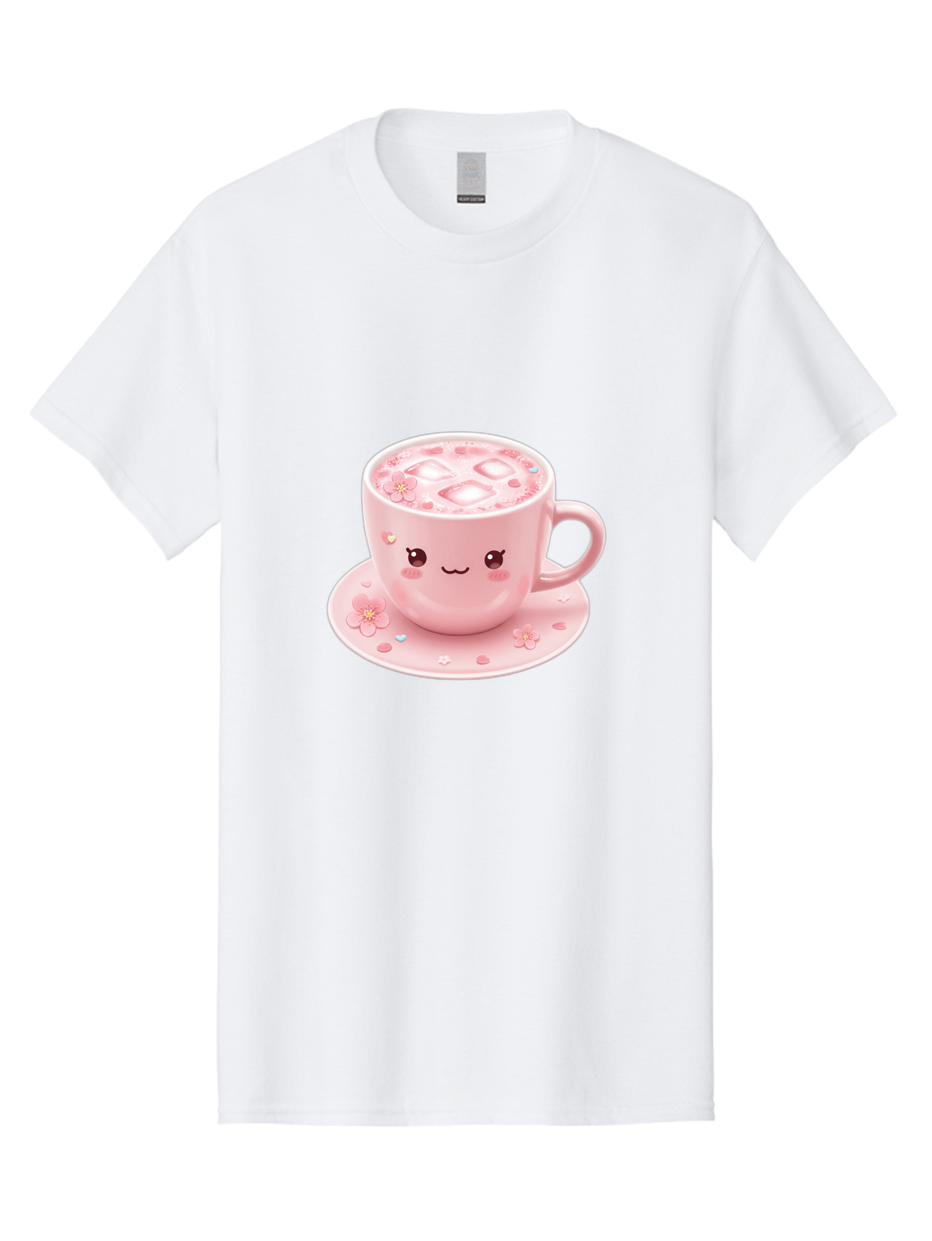 Kawaii-Coffee-Cup Men'S Graphic Tee, 100% Cotton, Comfortable Casual Summer Wear, Machine Washable, Pink Tea Cup, Cute Cartoon Face, Pink Flowers, Iced Tea, Coffee Cup, Adorable Design, Kawaii Style, Sweet Treats, Tea Time, Floral Pattern Bad245
