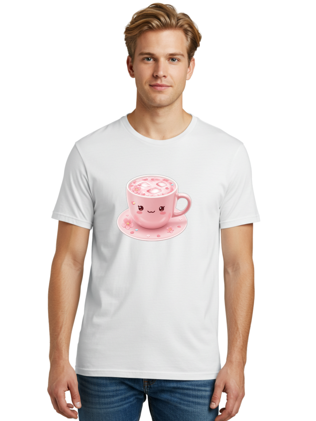 Kawaii-Coffee-Cup Men'S Graphic Tee, 100% Cotton, Comfortable Casual Summer Wear, Machine Washable, Pink Tea Cup, Cute Cartoon Face, Pink Flowers, Iced Tea, Coffee Cup, Adorable Design, Kawaii Style, Sweet Treats, Tea Time, Floral Pattern Bad245