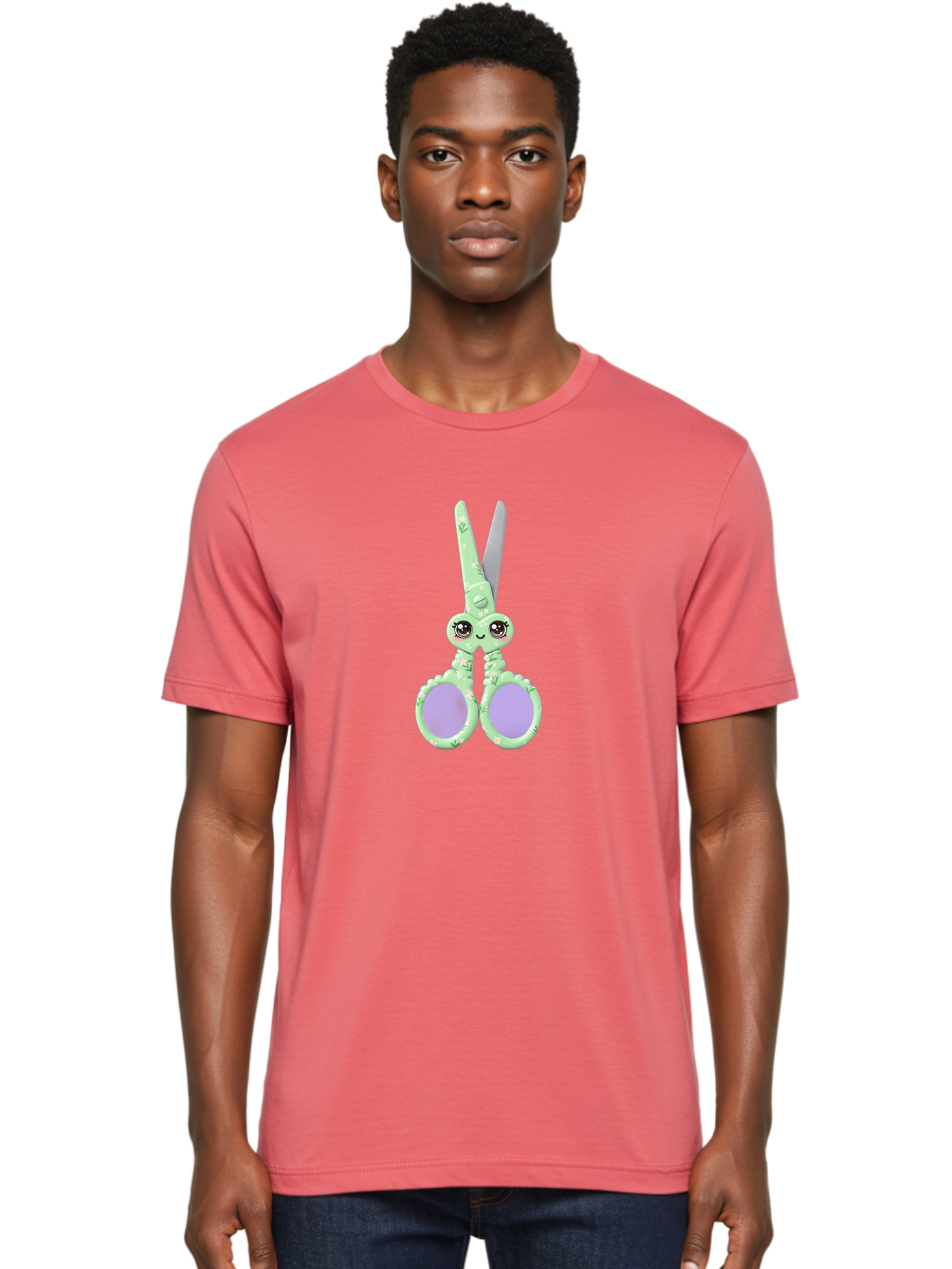 Kawaii-Scissors Men'S Graphic Tee, 100% Cotton, Comfortable Casual Summer Wear, Machine Washable, Cute Octopus Scissors, Novelty Office Supplies, Fun Stationery, Desk Accessories, Quirky Gift Ideas, Kawaii Office Decor, Scissors With A Face Bad248