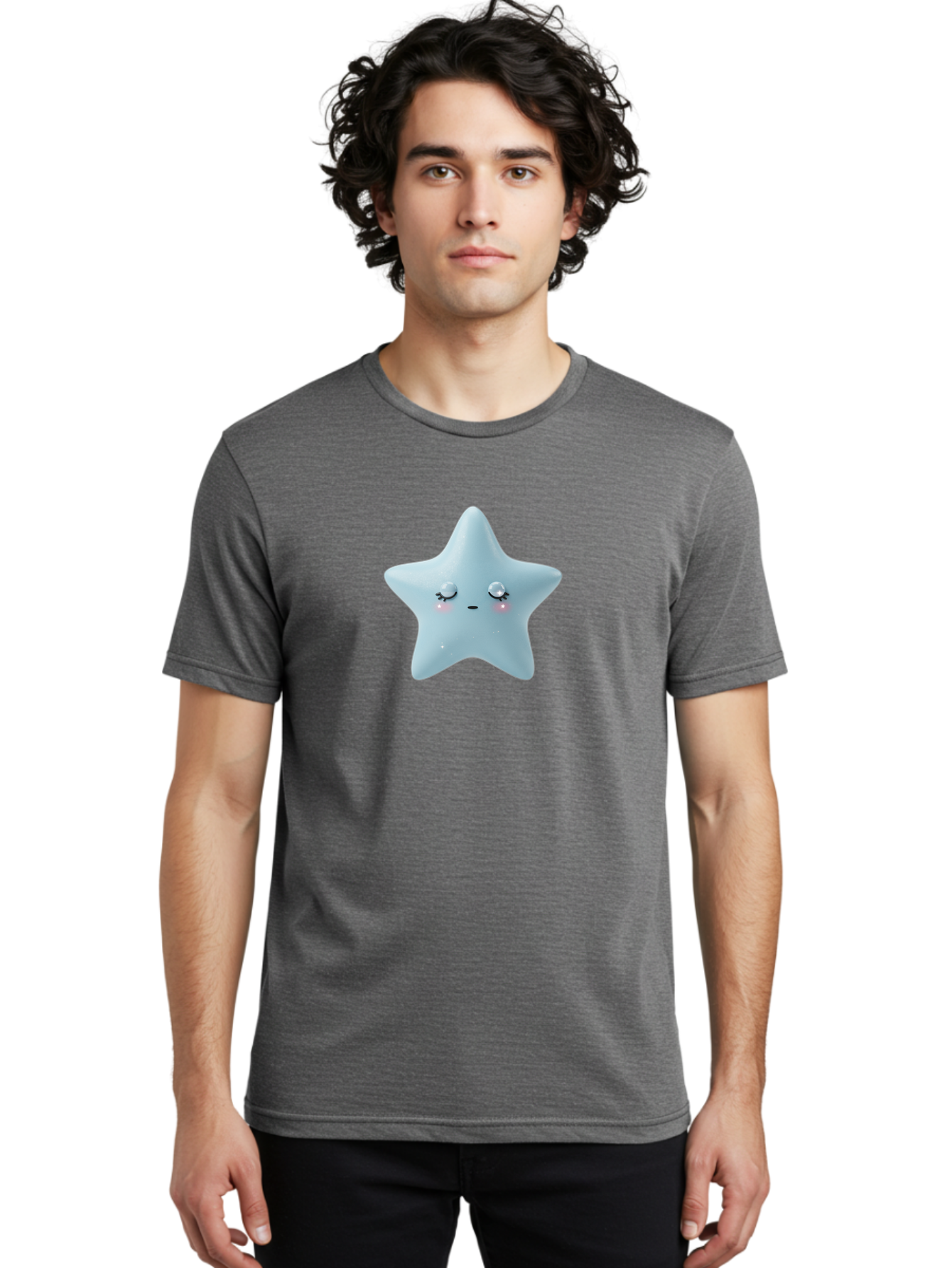 Kawaii-Star-1 Men'S Graphic Tee, 100% Cotton, Comfortable Casual Summer Wear, Machine Washable, Cute Star Character, Cartoon Star, Kawaii Star, White Star, Smiling Face, Rosy Cheeks, Adorable Illustration, Dreamy Expression, Whimsical Design Bad249