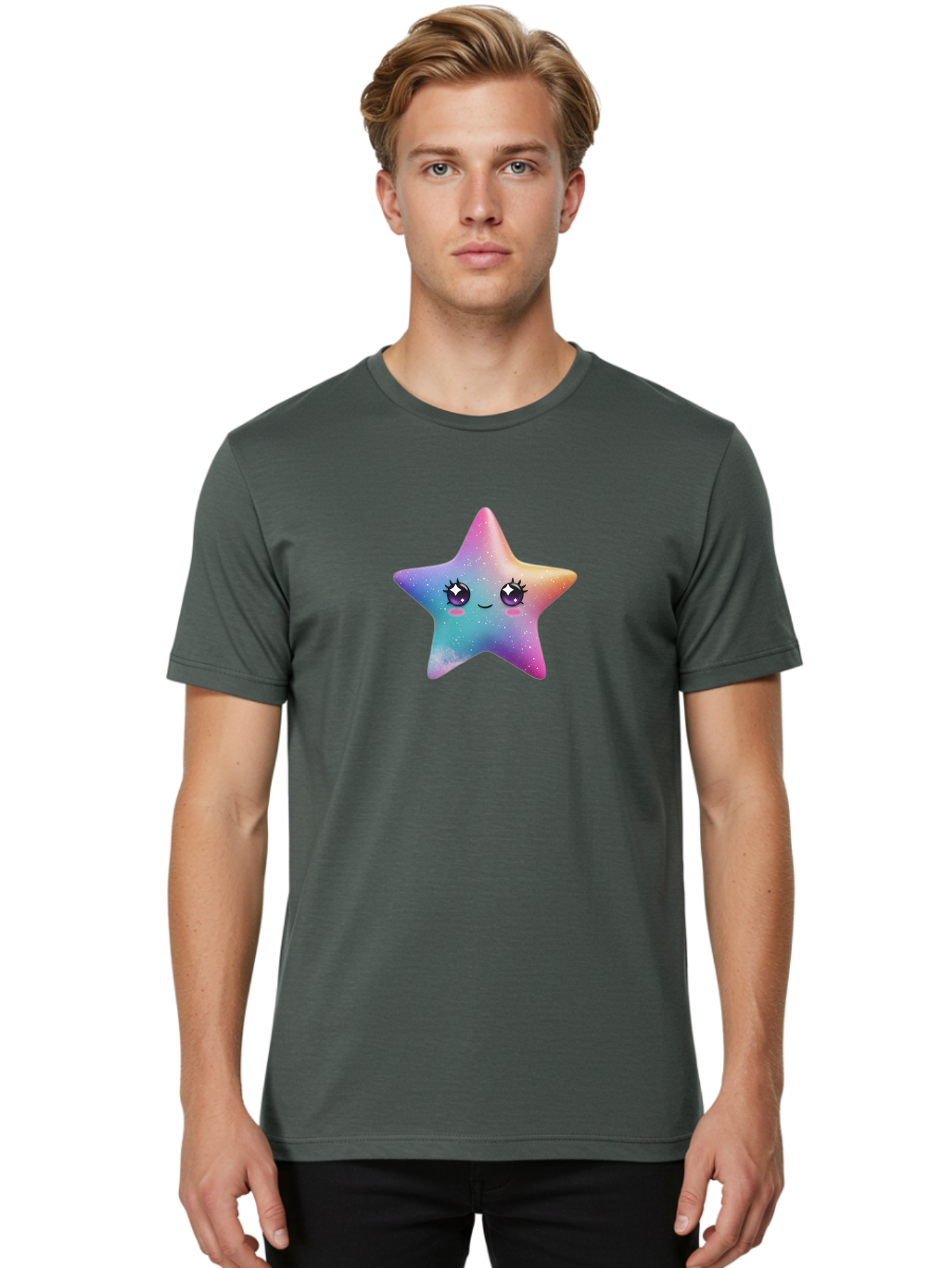 Kawaii-Star Men'S Graphic Tee, 100% Cotton, Comfortable Casual Summer Wear, Machine Washable, Cute Star, Cartoon Character, Pastel Colors, Sparkles And Shine, Positive Vibes, Magical Expression, Feminine Charm, Whimsical Design, Magical, Bad250