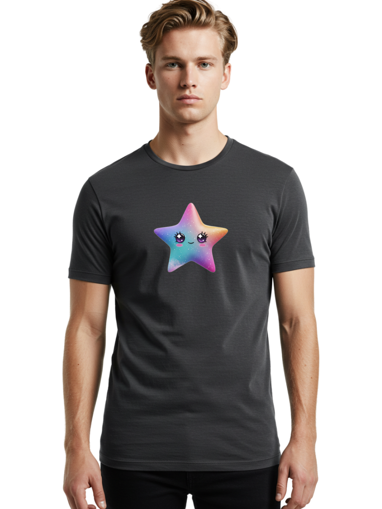 Kawaii-Star Men'S Graphic Tee, 100% Cotton, Comfortable Casual Summer Wear, Machine Washable, Cute Star, Cartoon Character, Pastel Colors, Sparkles And Shine, Positive Vibes, Magical Expression, Feminine Charm, Whimsical Design, Magical, Bad250