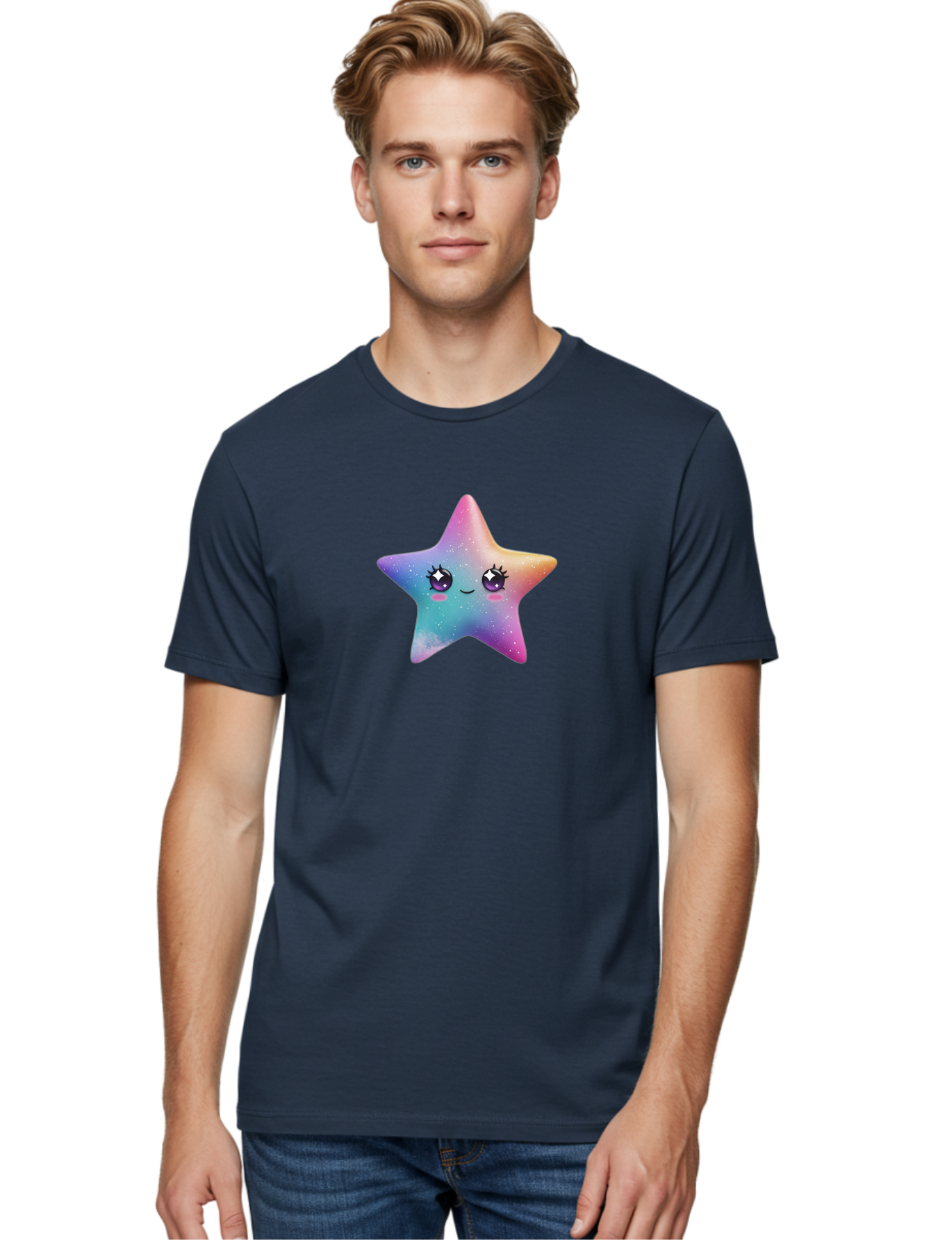 Kawaii-Star Men'S Graphic Tee, 100% Cotton, Comfortable Casual Summer Wear, Machine Washable, Cute Star, Cartoon Character, Pastel Colors, Sparkles And Shine, Positive Vibes, Magical Expression, Feminine Charm, Whimsical Design, Magical, Bad250