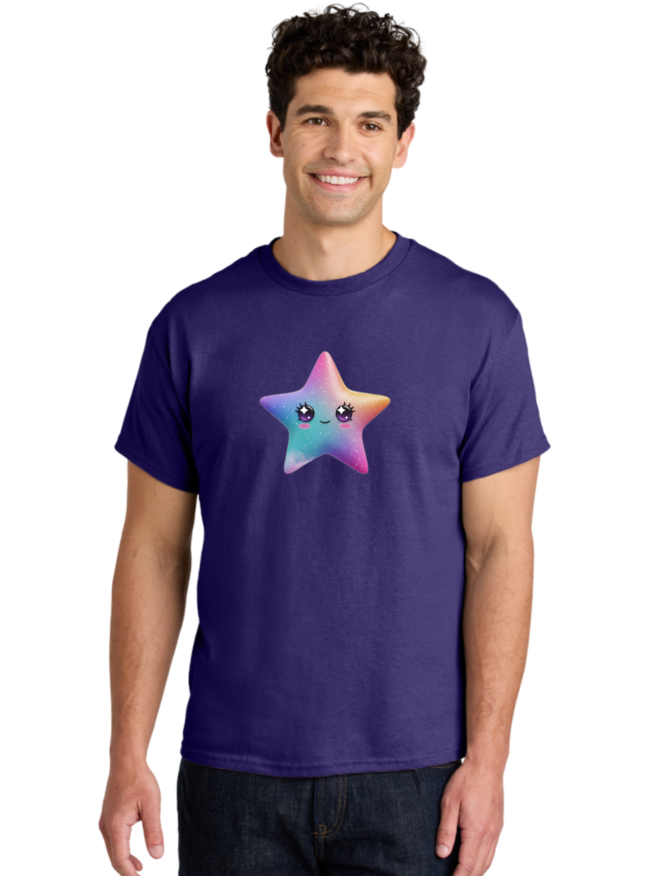 Kawaii-Star Men'S Graphic Tee, 100% Cotton, Comfortable Casual Summer Wear, Machine Washable, Cute Star, Cartoon Character, Pastel Colors, Sparkles And Shine, Positive Vibes, Magical Expression, Feminine Charm, Whimsical Design, Magical, Bad250