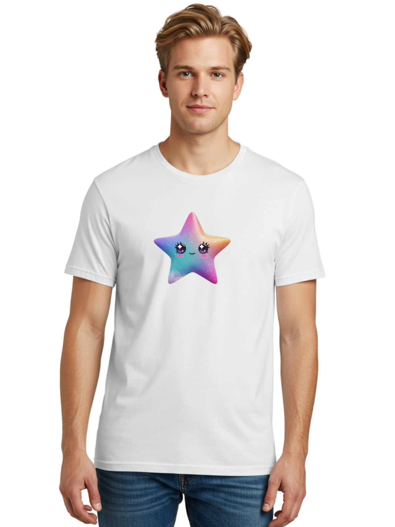 Kawaii-Star Men'S Graphic Tee, 100% Cotton, Comfortable Casual Summer Wear, Machine Washable, Cute Star, Cartoon Character, Pastel Colors, Sparkles And Shine, Positive Vibes, Magical Expression, Feminine Charm, Whimsical Design, Magical, Bad250