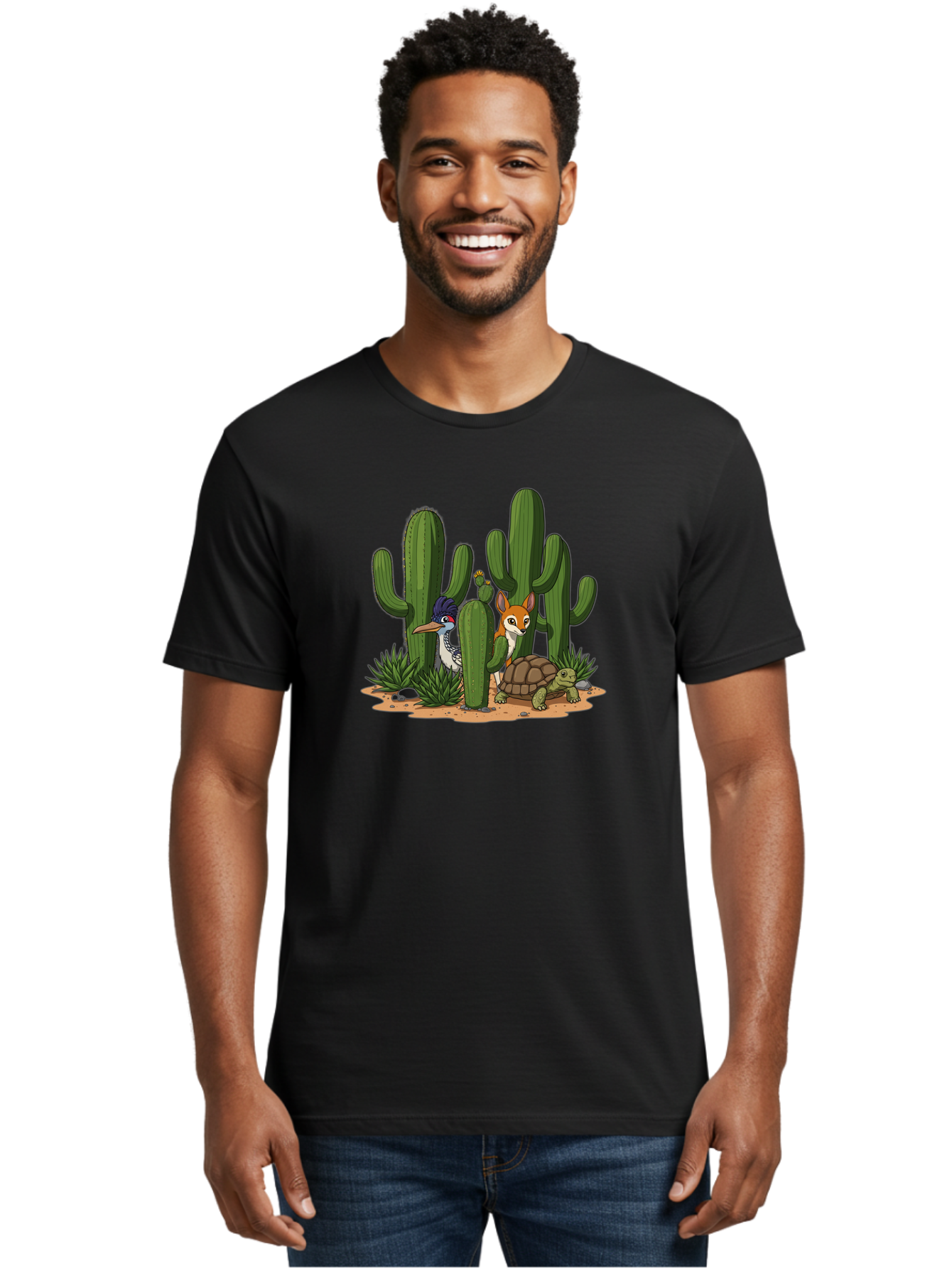 Kingfisher-Fennec-Fox-And-Turtle Men'S Graphic Tee, 100% Cotton, Comfortable Casual Summer Wear, Machine Washable, Cartoon Animals, Desert Wildlife, Cacti, Kingfisher Bird, Fennec Fox, Turtle, Desert Landscape, Wildlife Illustration, Bad252